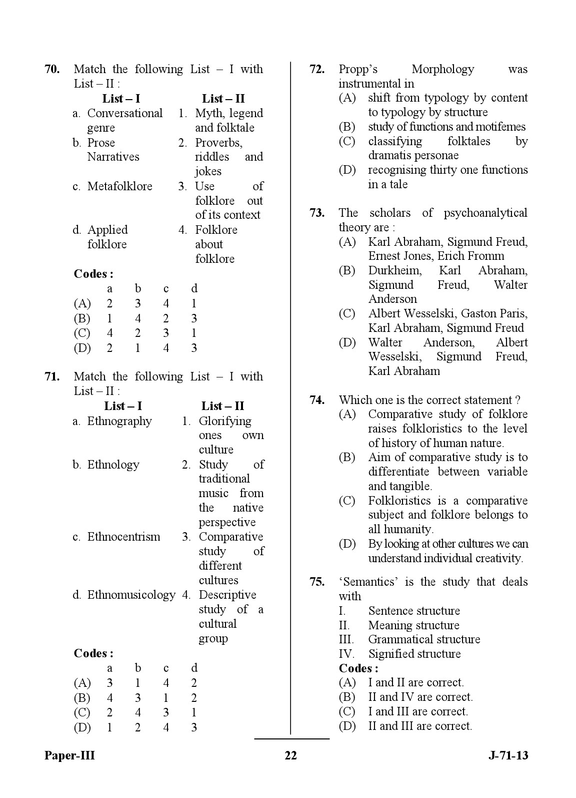 UGC NET Folk Literature Question Paper III June 2013 22