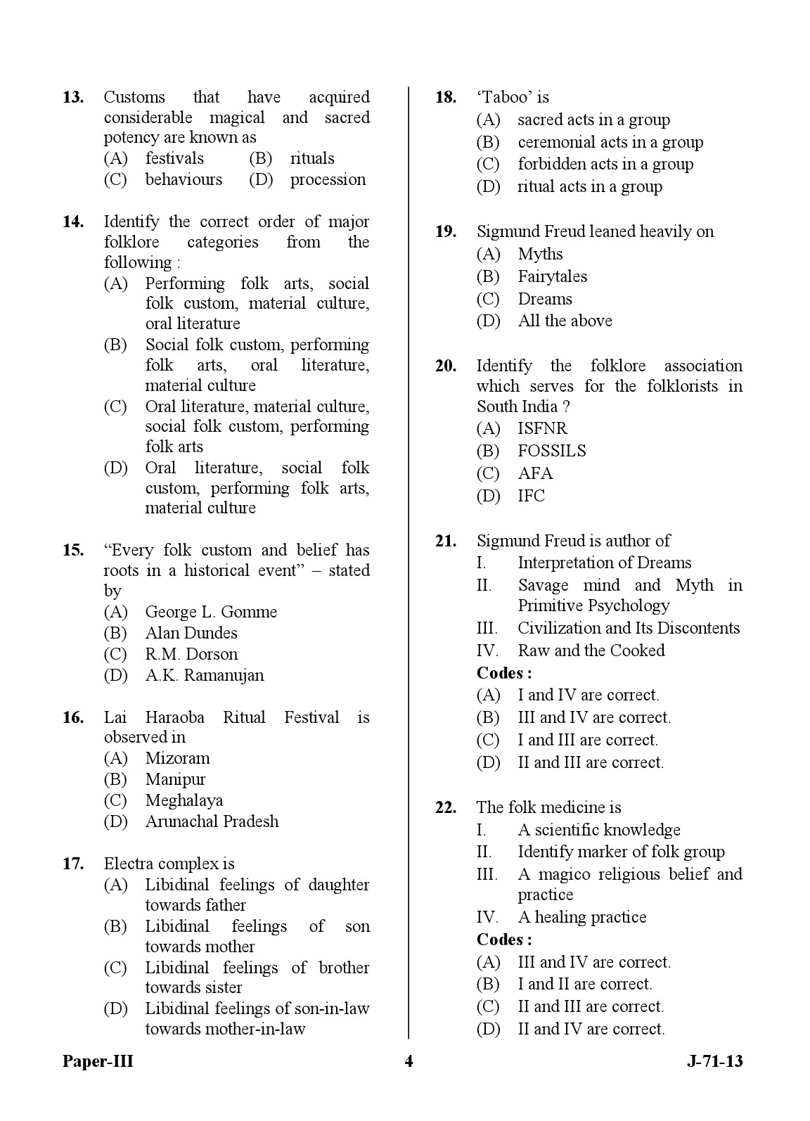 UGC NET Folk Literature Question Paper III June 2013 4