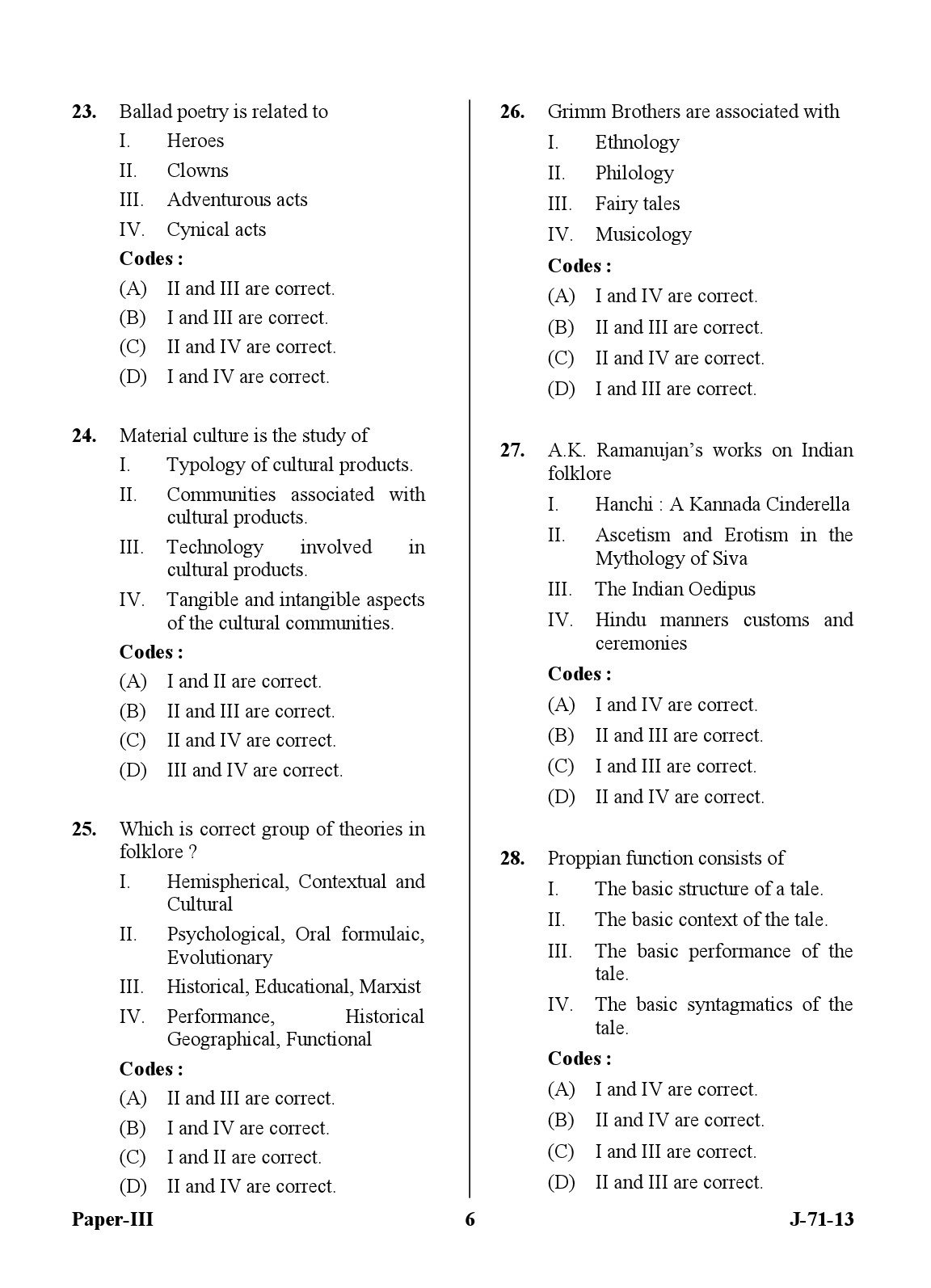 UGC NET Folk Literature Question Paper III June 2013 6