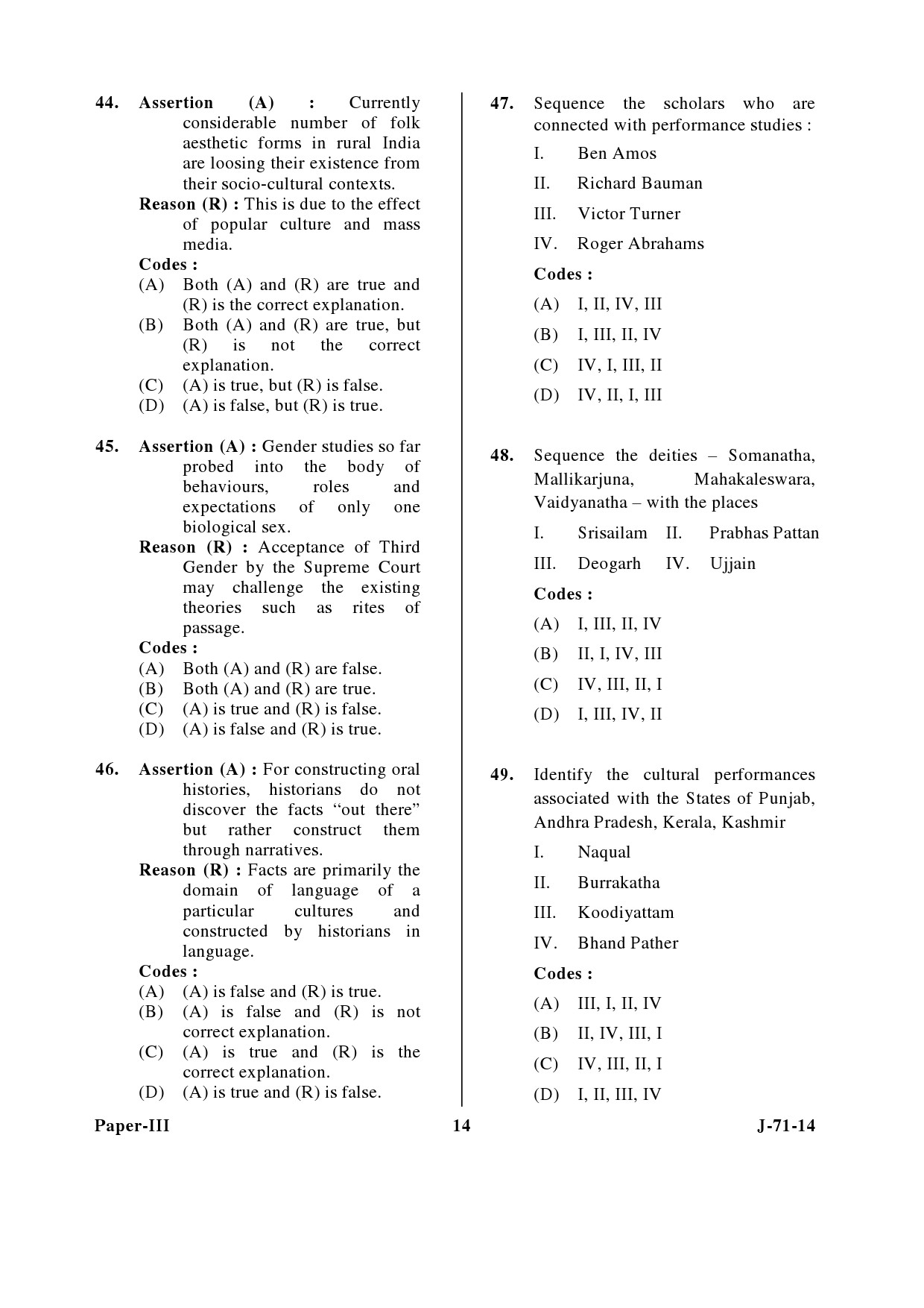 UGC NET Folk Literature Question Paper III June 2014 14