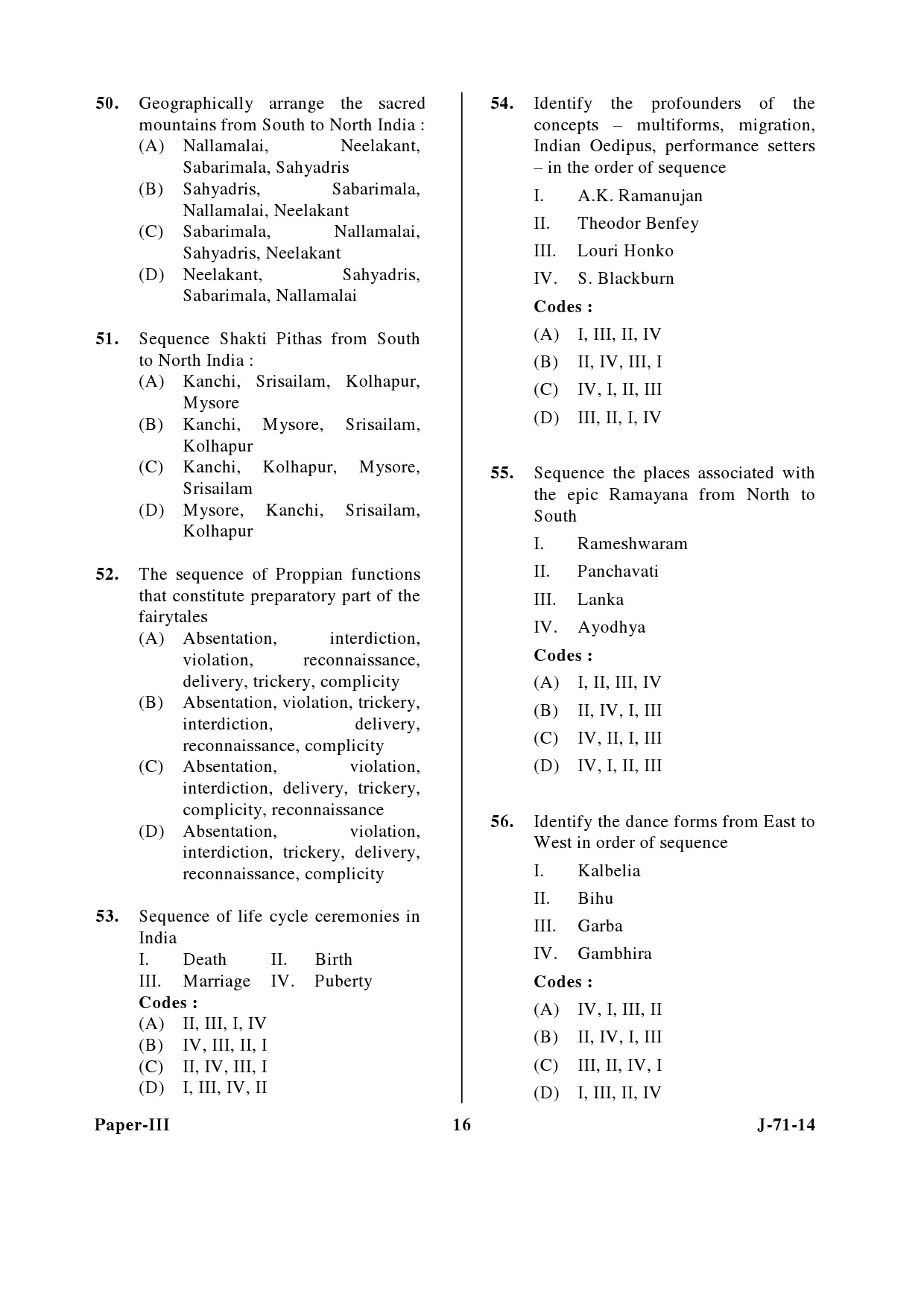 UGC NET Folk Literature Question Paper III June 2014 16