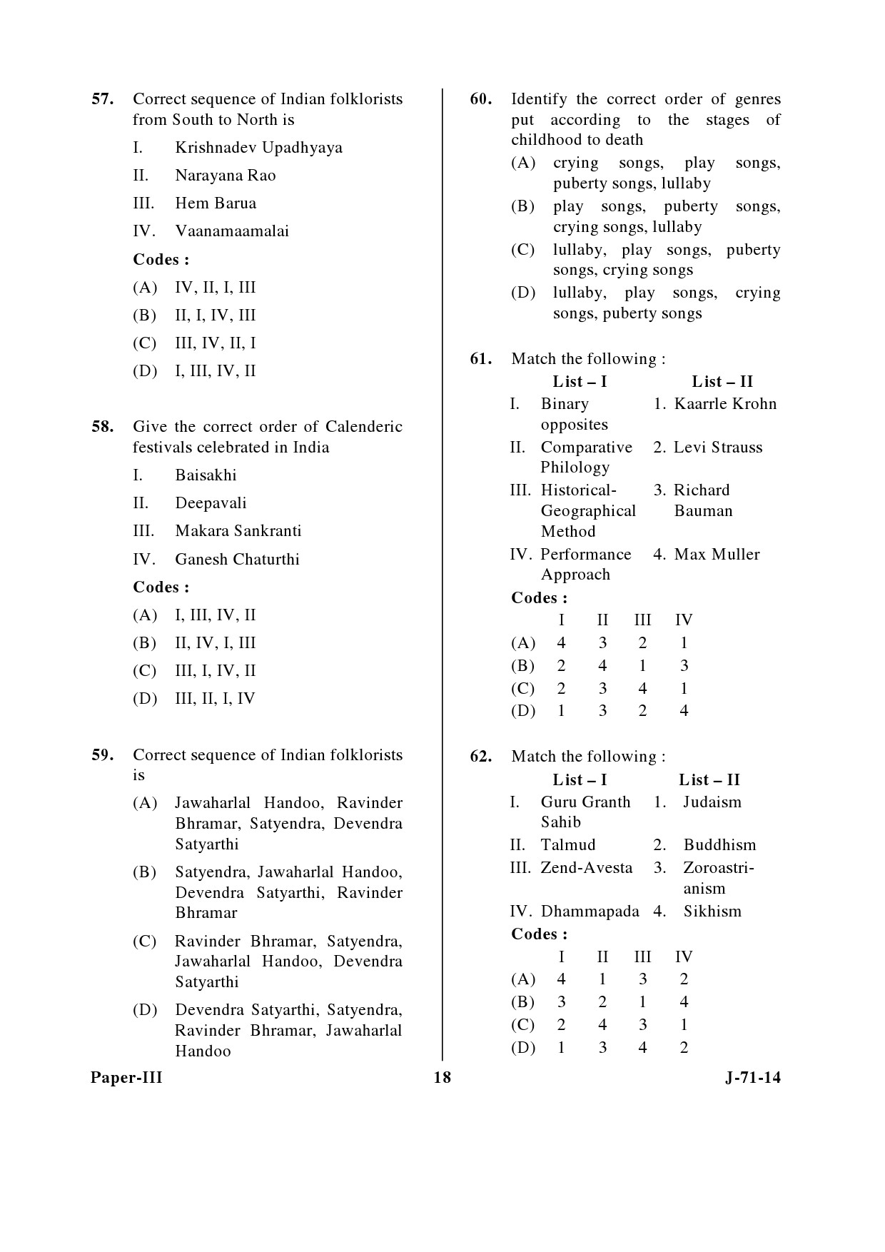 UGC NET Folk Literature Question Paper III June 2014 18