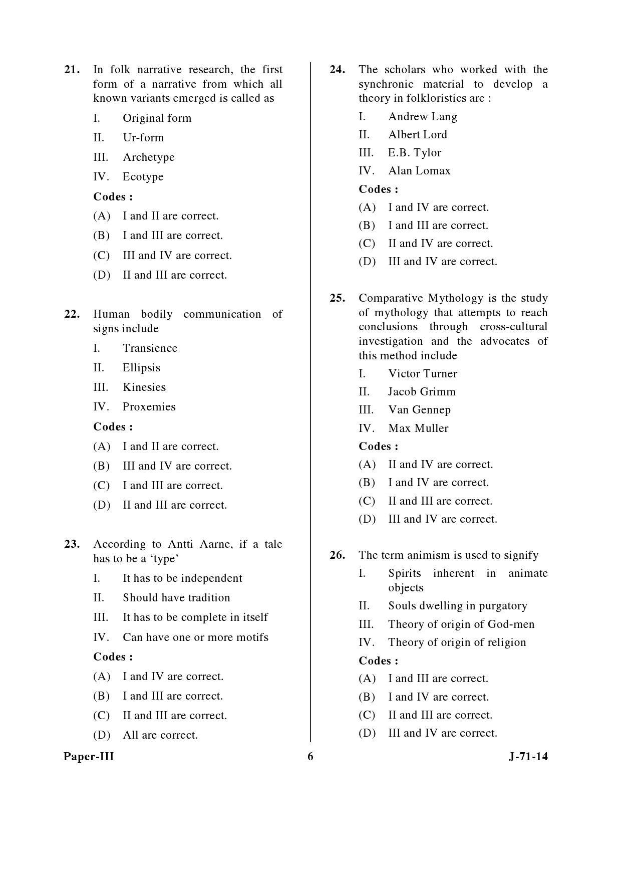 UGC NET Folk Literature Question Paper III June 2014 6