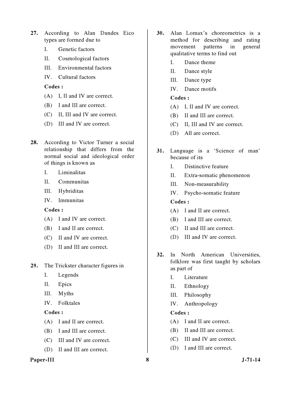 UGC NET Folk Literature Question Paper III June 2014 8