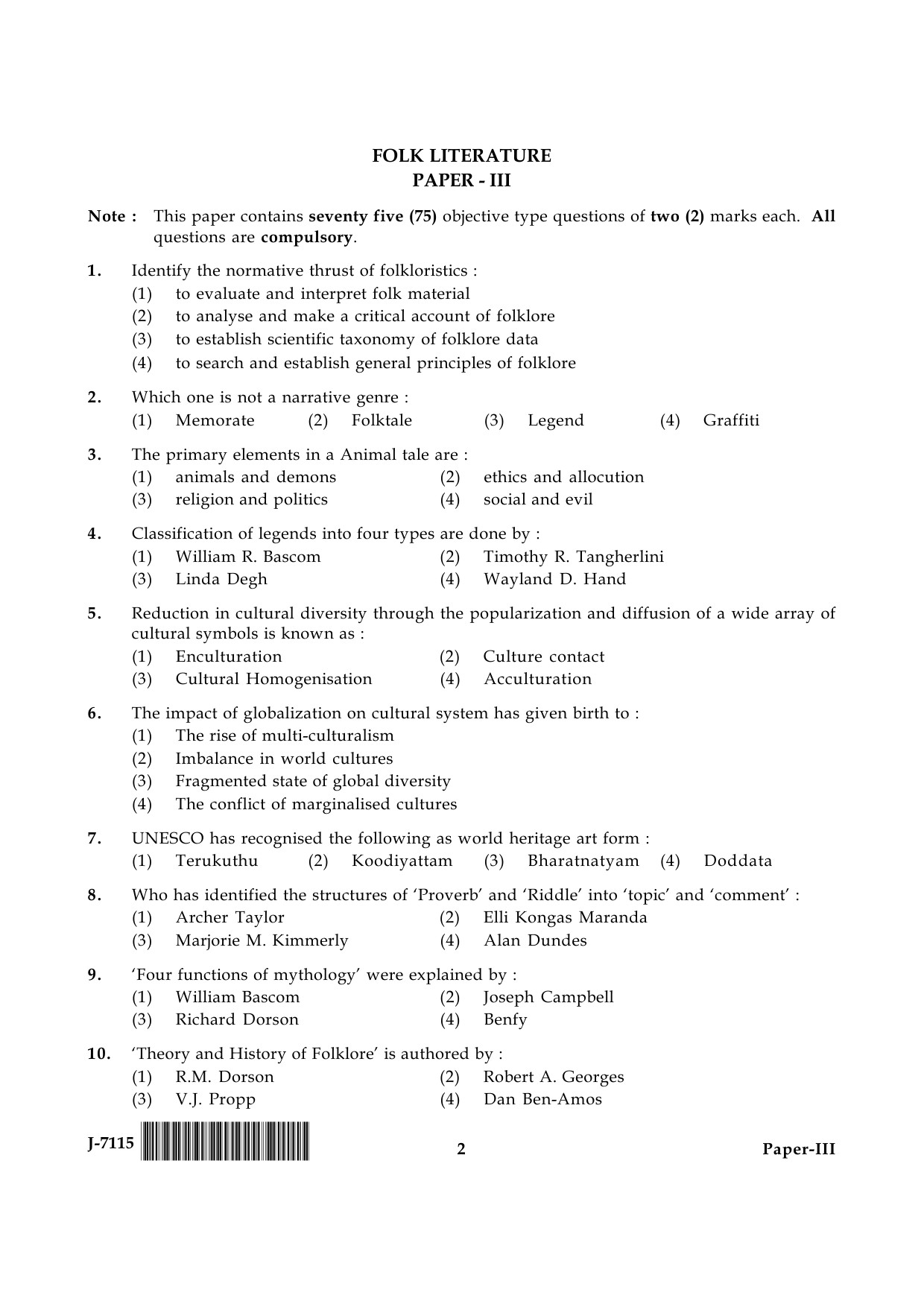 UGC NET Folk Literature Question Paper III June 2015 2