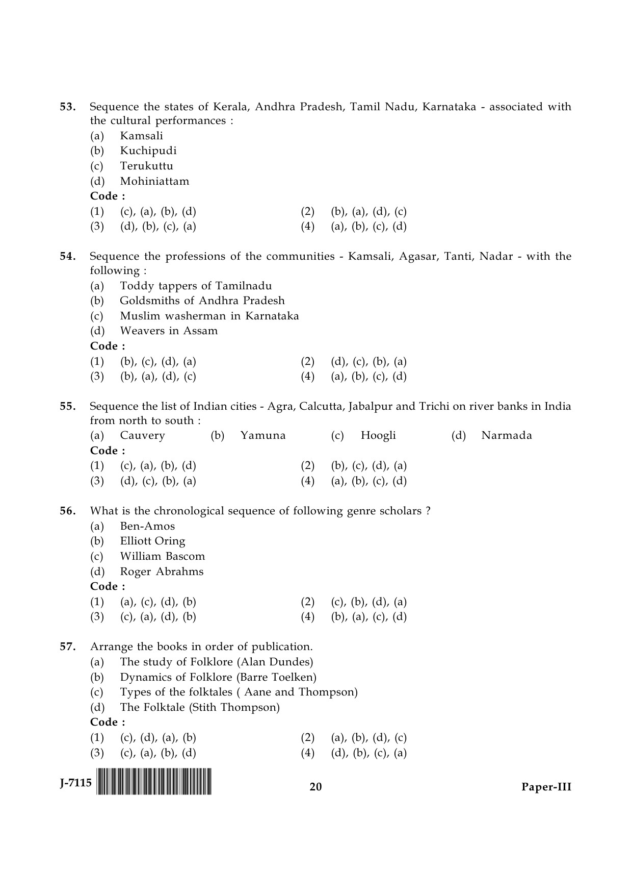 UGC NET Folk Literature Question Paper III June 2015 20