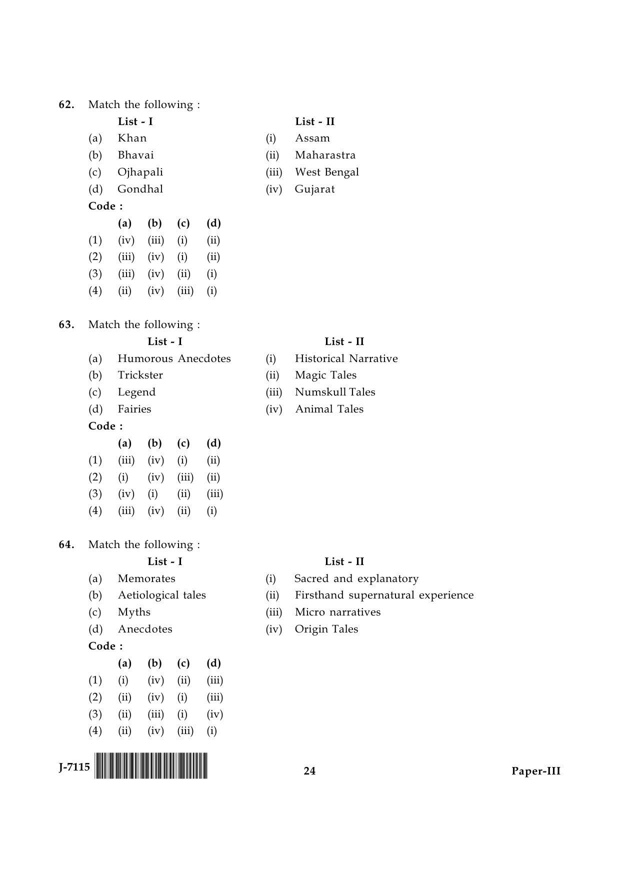 UGC NET Folk Literature Question Paper III June 2015 24