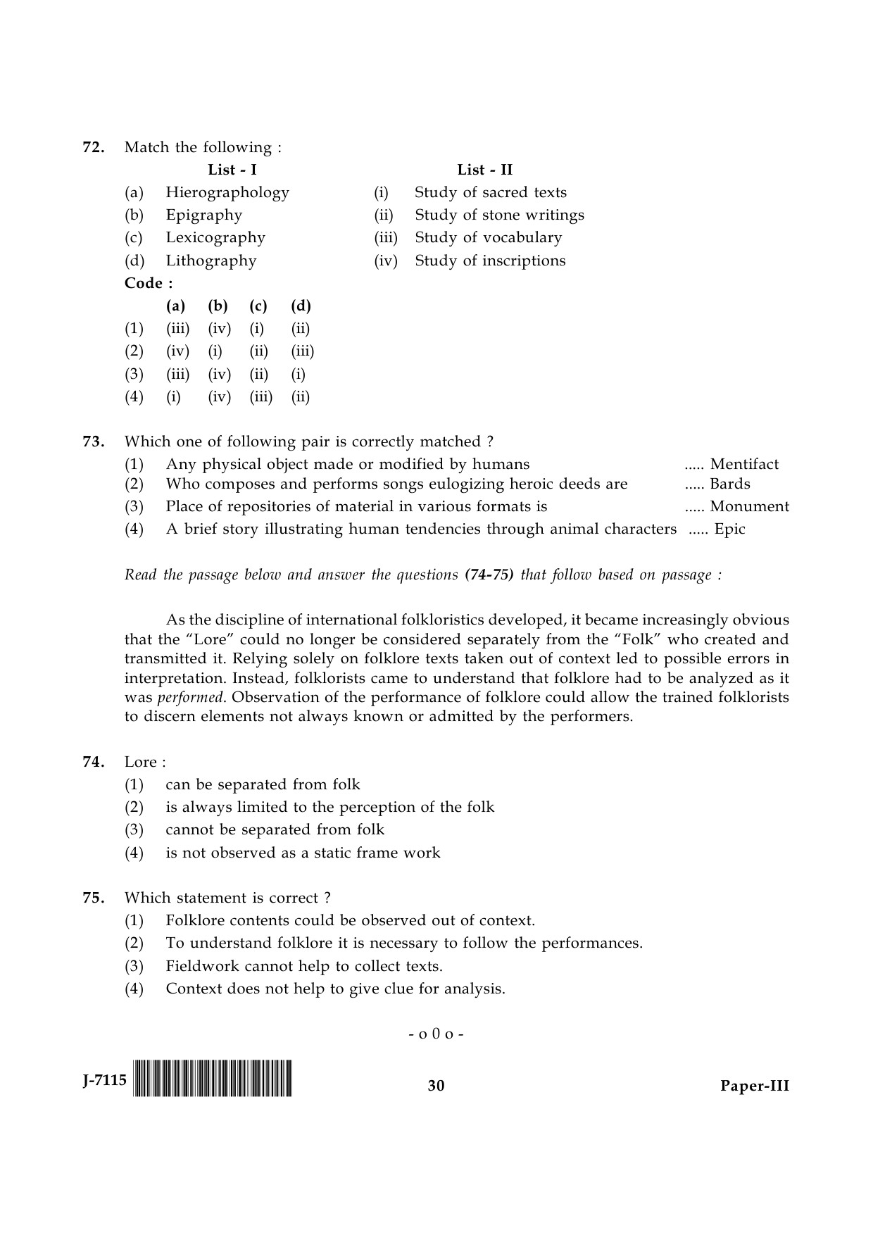 UGC NET Folk Literature Question Paper III June 2015 30