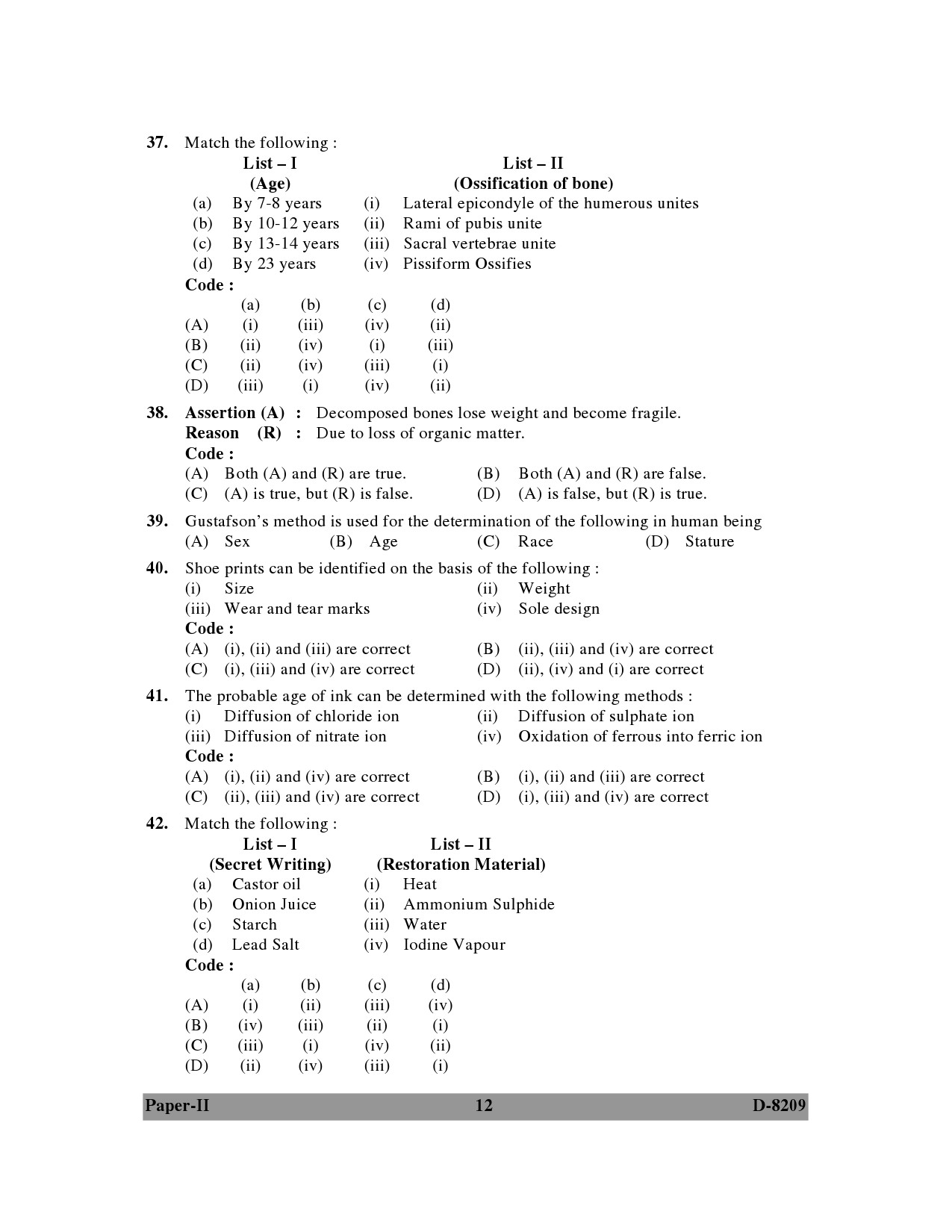 UGC NET Forensic Science Question Paper II December 2009 12