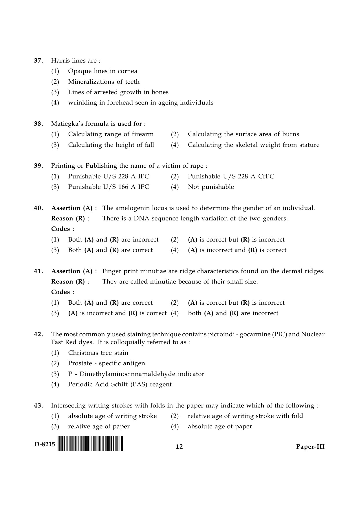 UGC NET Forensic Science Question Paper III December 2015 12