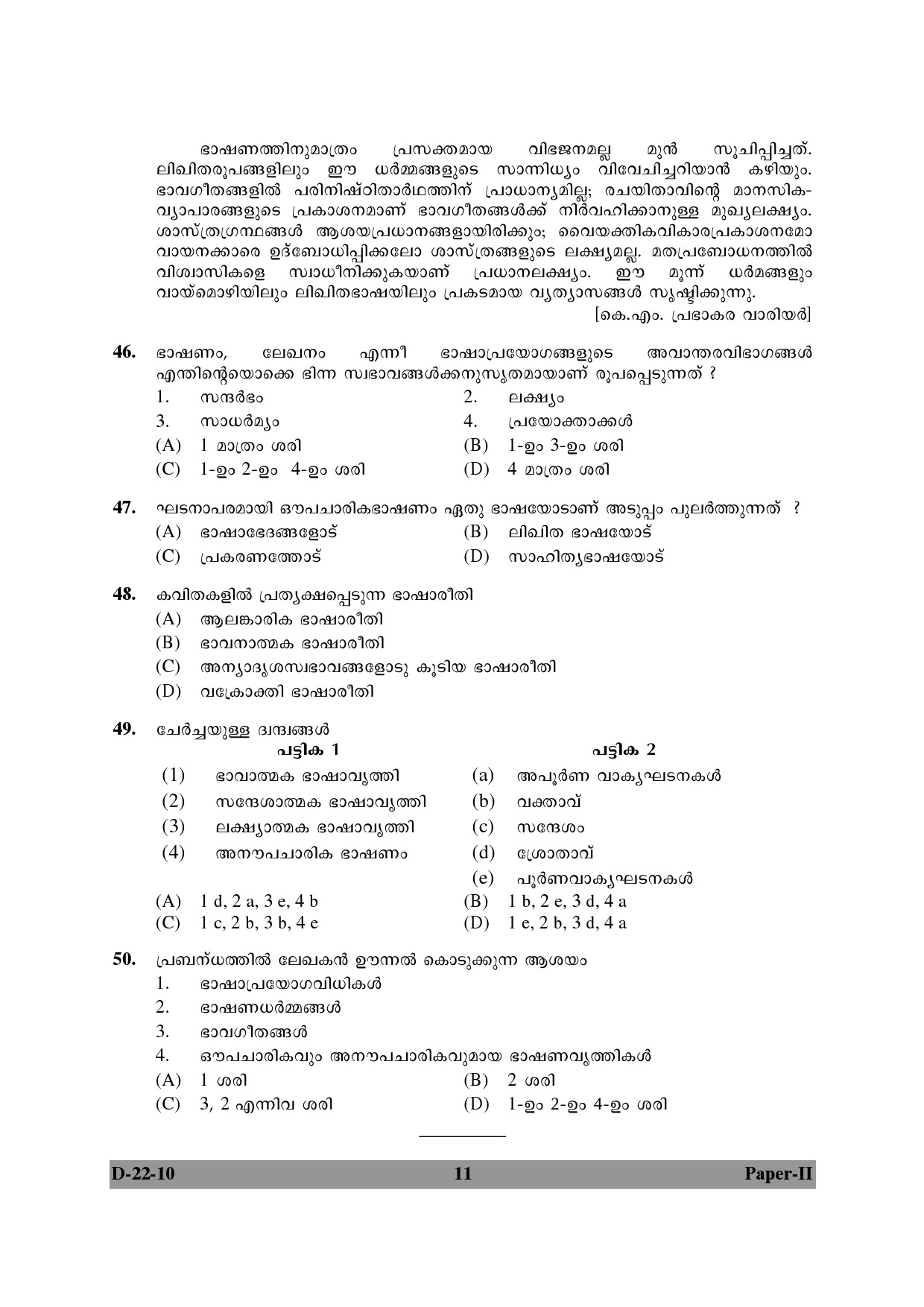 UGC NET Malayalam Question Paper II December 2010 11