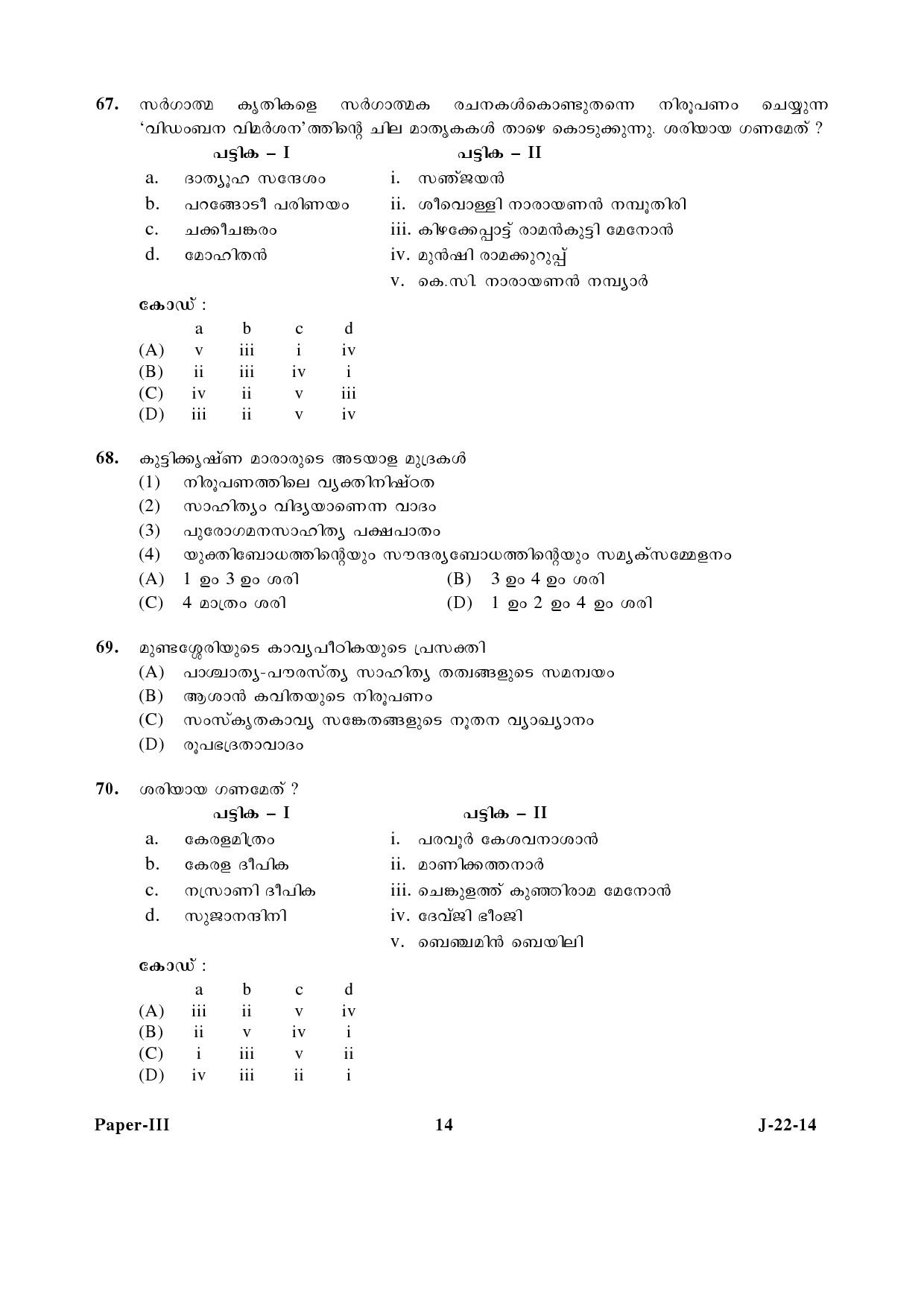 UGC NET Malayalam Question Paper III June 2014 14