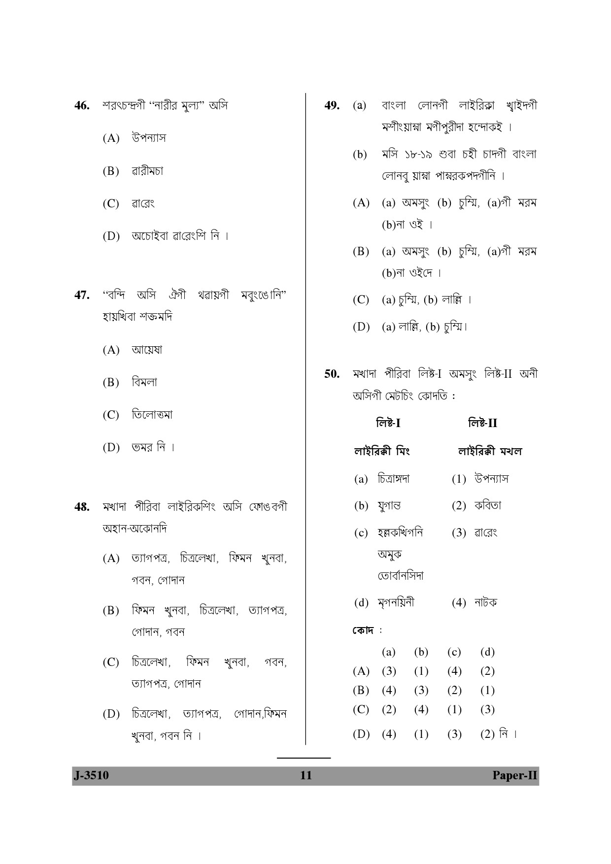 UGC NET Manipuri Question Paper II June 2010 11