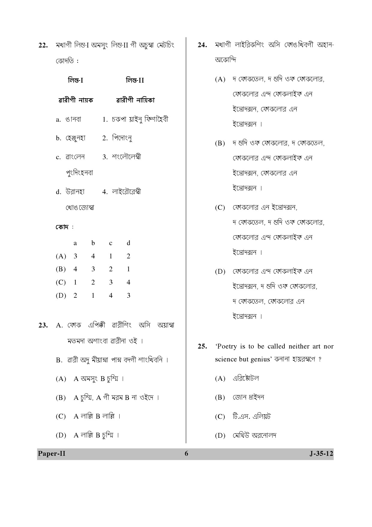 UGC NET Manipuri Question Paper II June 2012 6