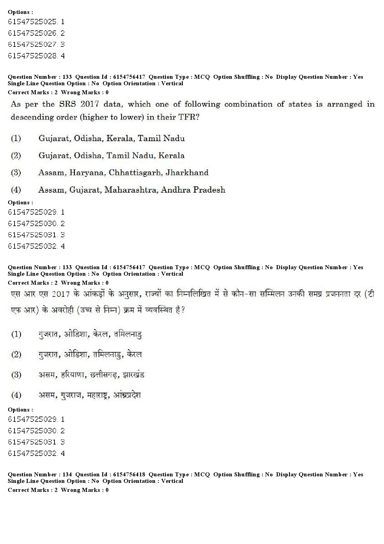 UGC NET Population Studies Question Paper December 2019 134