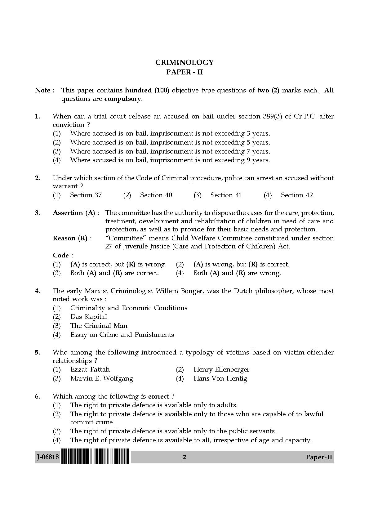 Criminology Question Paper II July 2018 in English 2