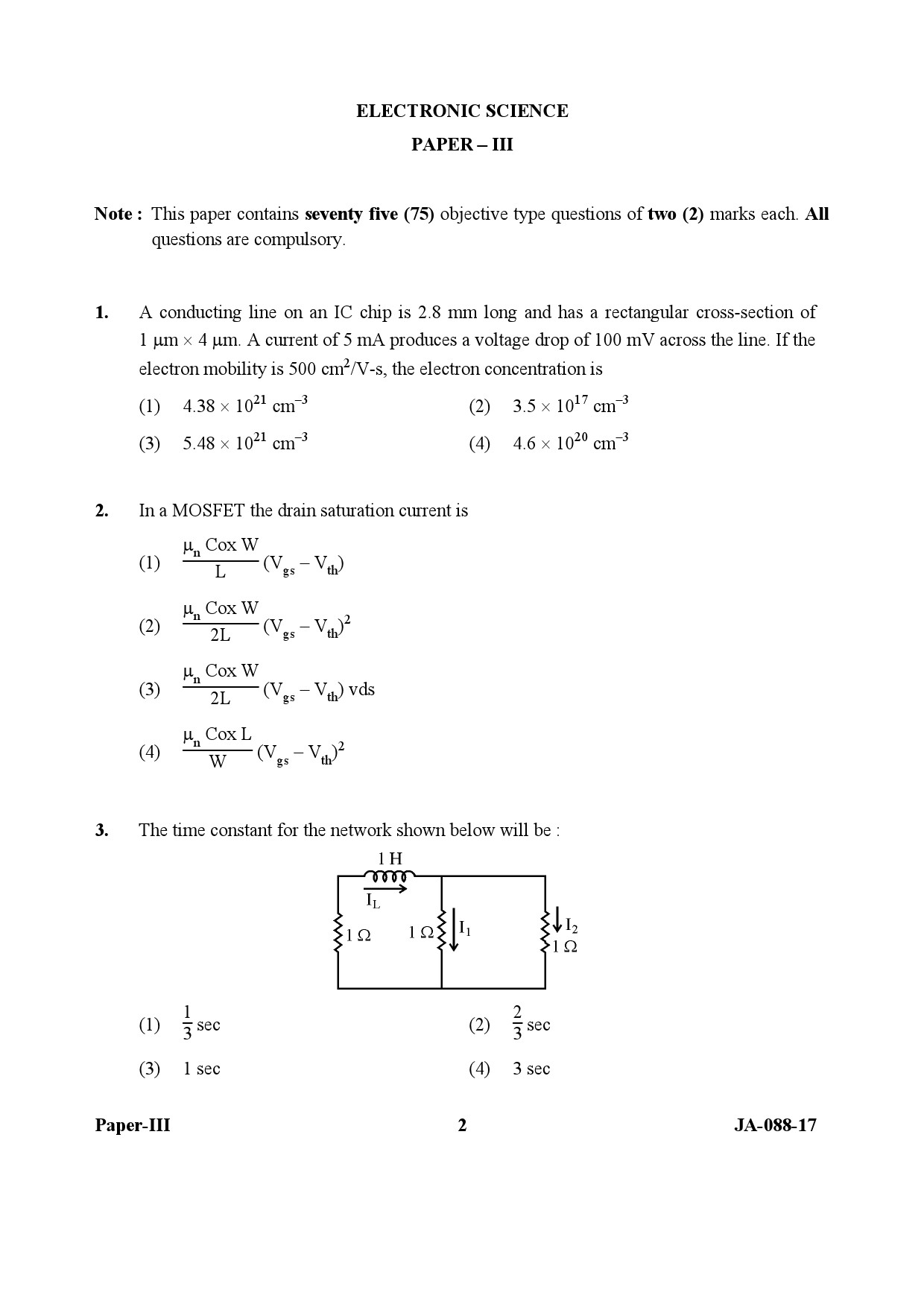 Electronic Science Question Paper III January 2017-UGC NET Previous