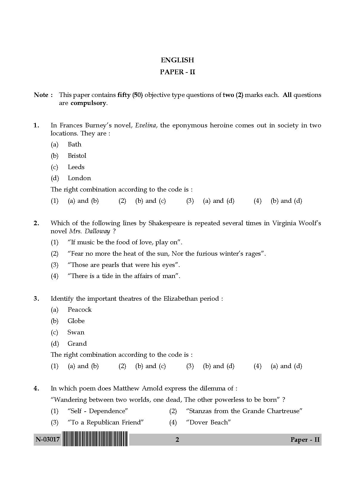 English Question Paper II November 2017 UGC NET Previous Question Papers