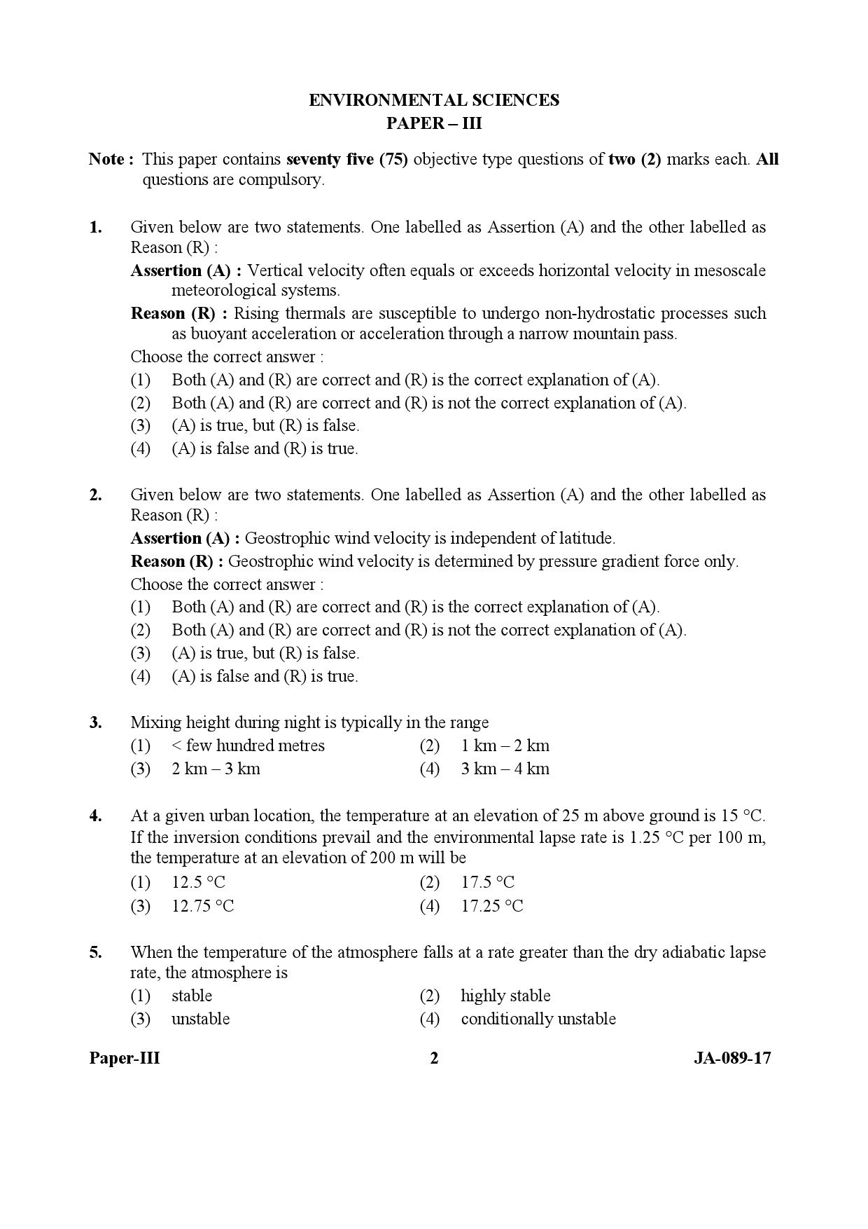 Environmental Sciences Question Paper III January 2017 2