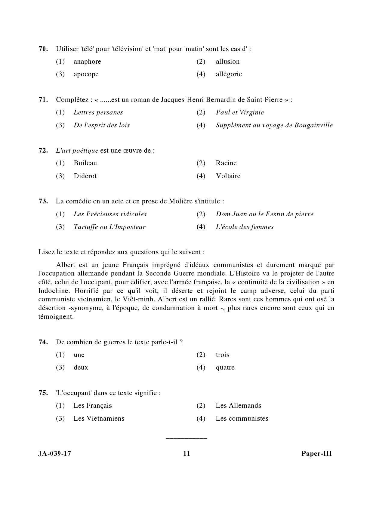 French Question Paper III January 2017 11