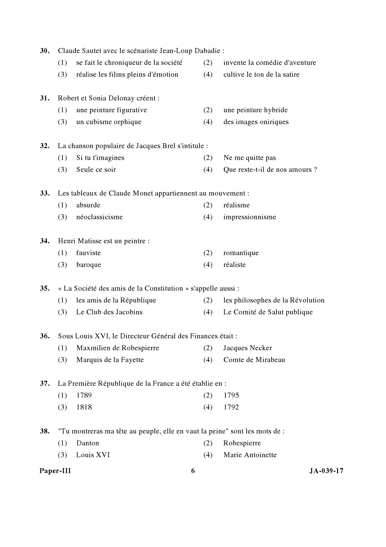 French Question Paper III January 2017 6