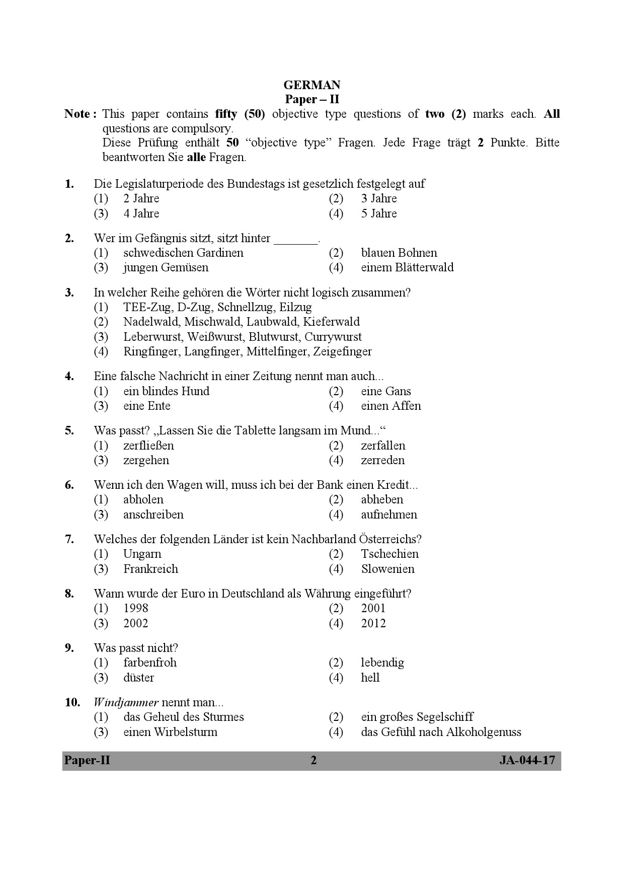 German Question Paper II January 2017 2