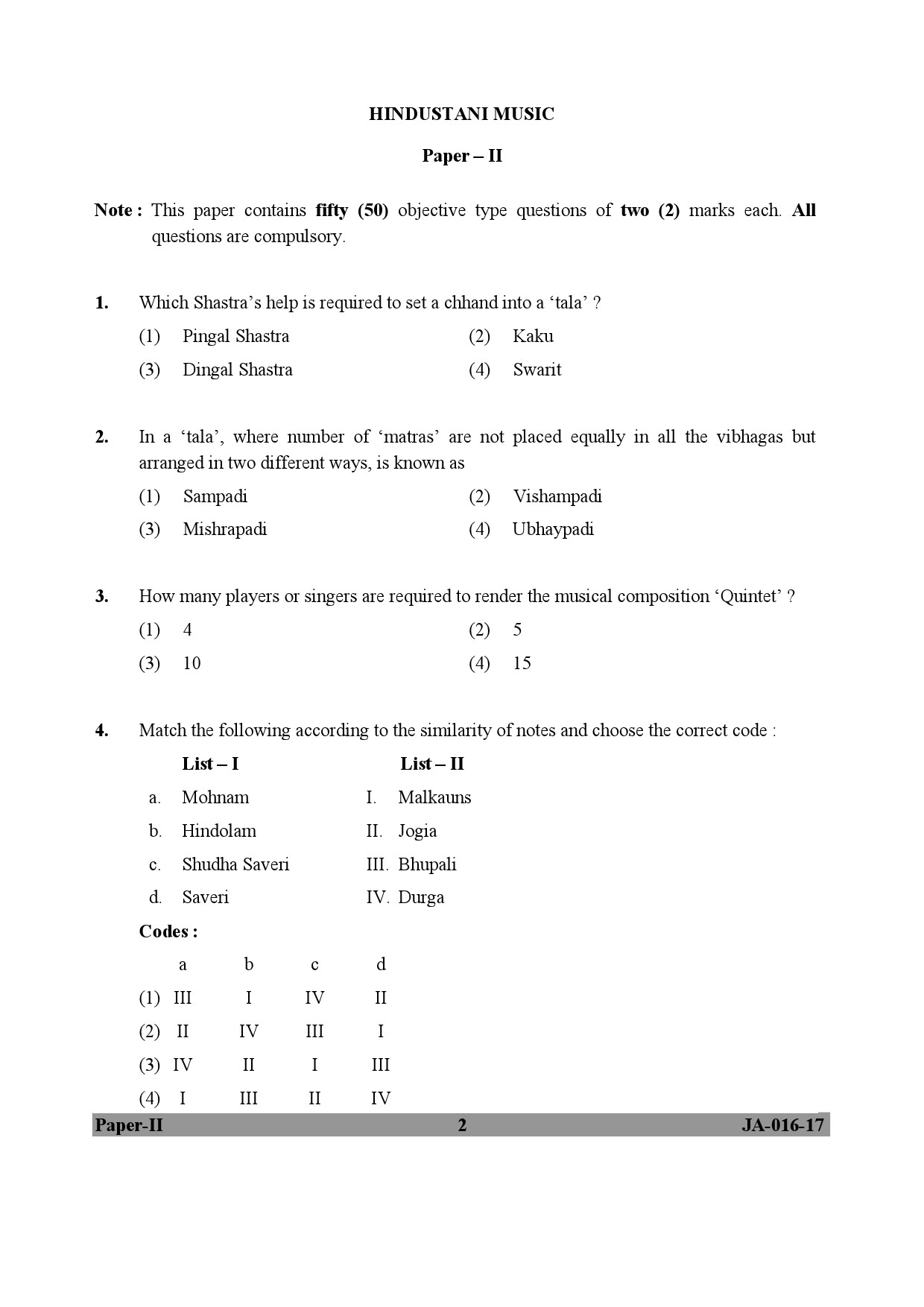 Hindustani Music Paper II January 2017 in English 2