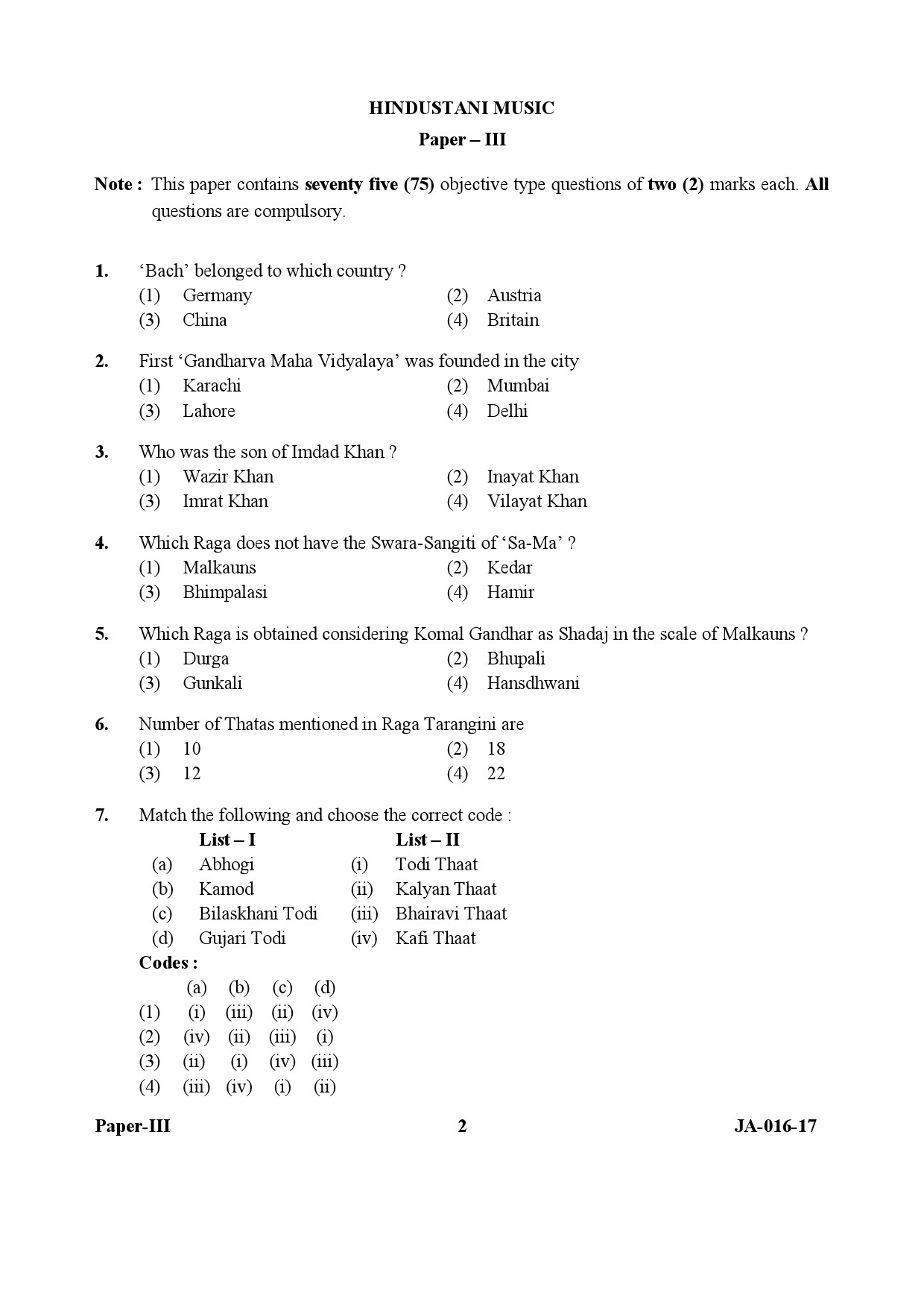 Hindustani Music Paper III January 2017 in English 2