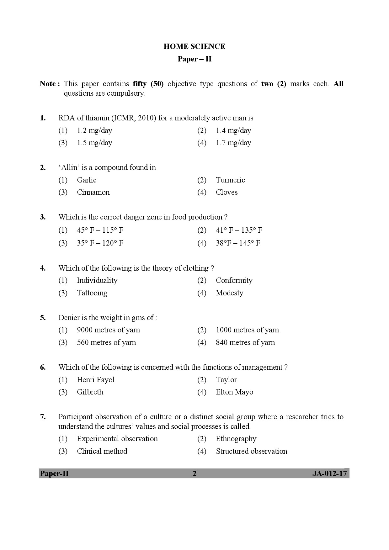 Home Science Paper II January 2017 in English 2