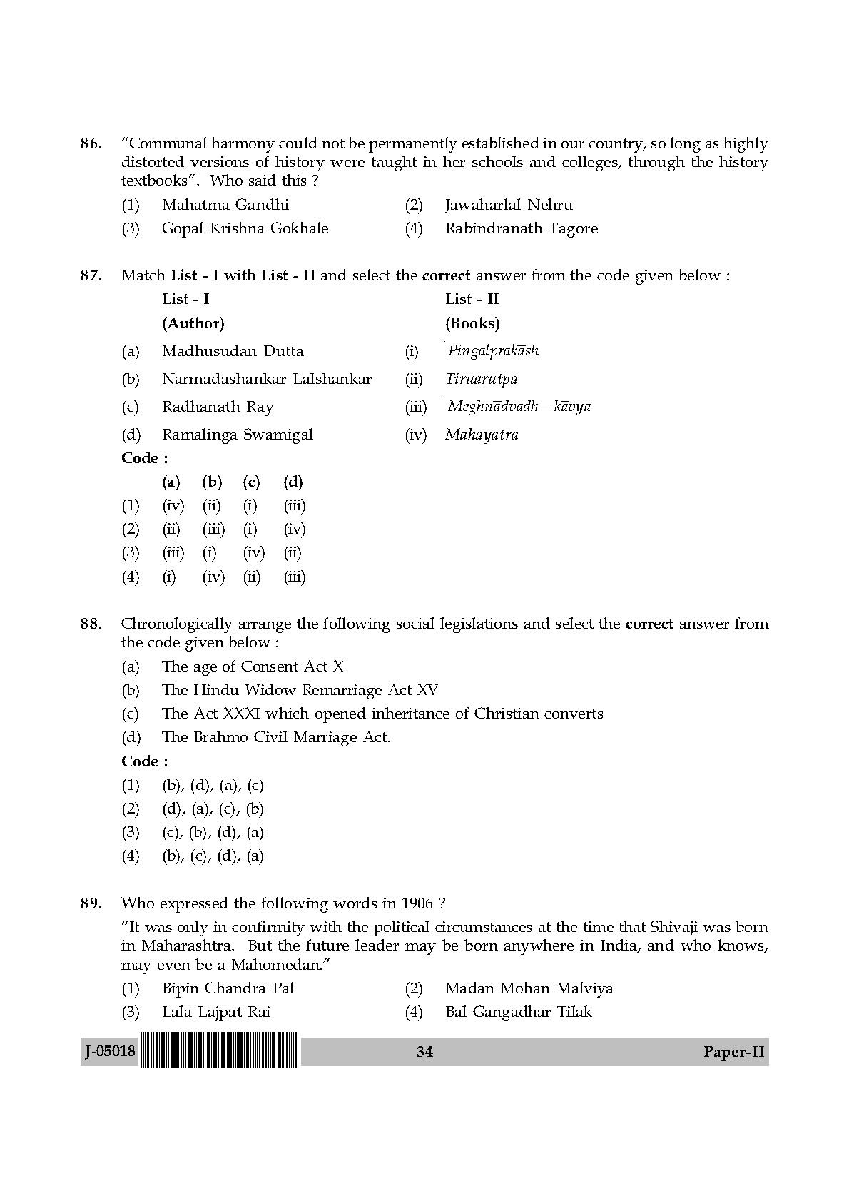 Indian Culture Question Paper II July 2018 in English 18