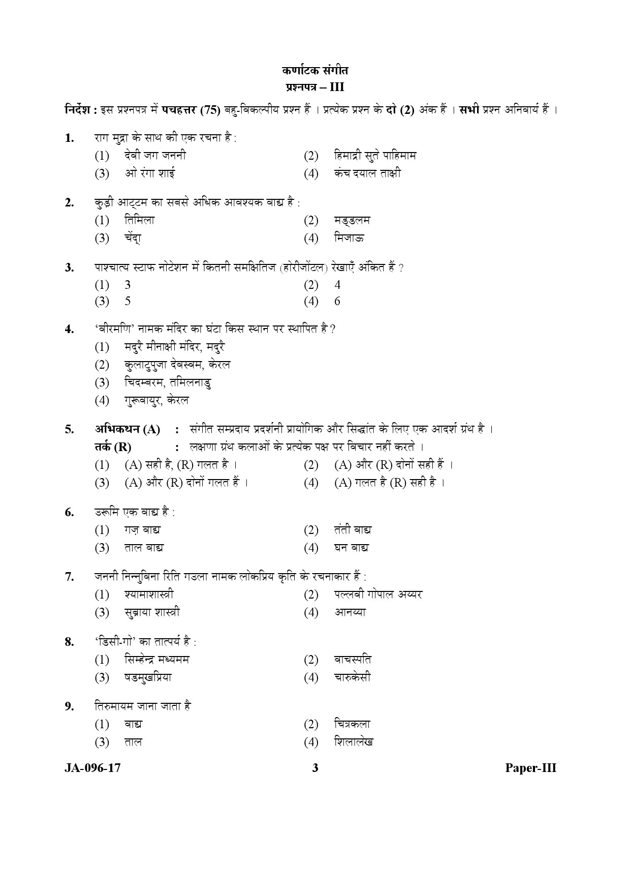 Karnatik Music Paper III January 2017 in Hindi 1