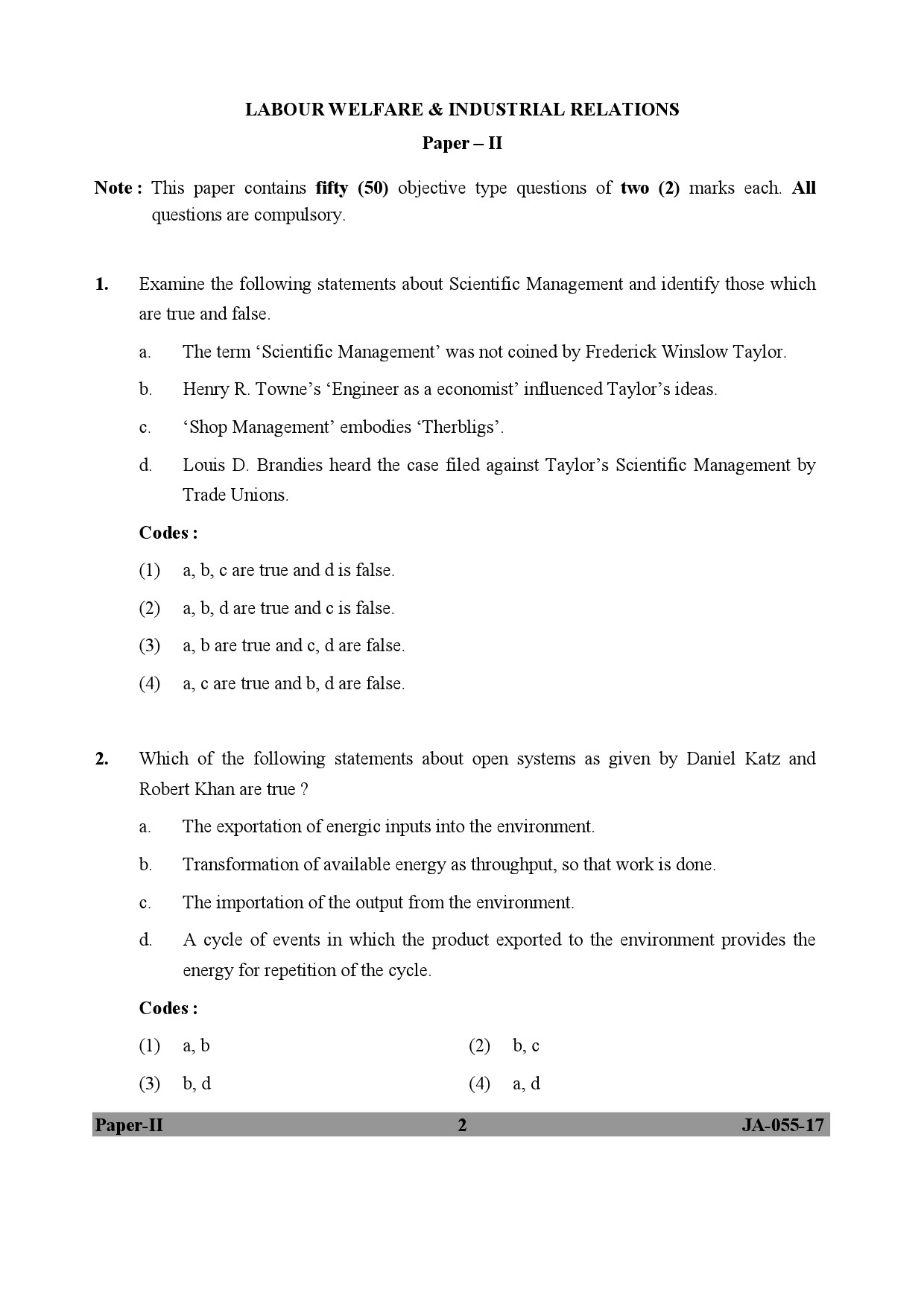 Labour Welfare Paper II January 2017 in English 2