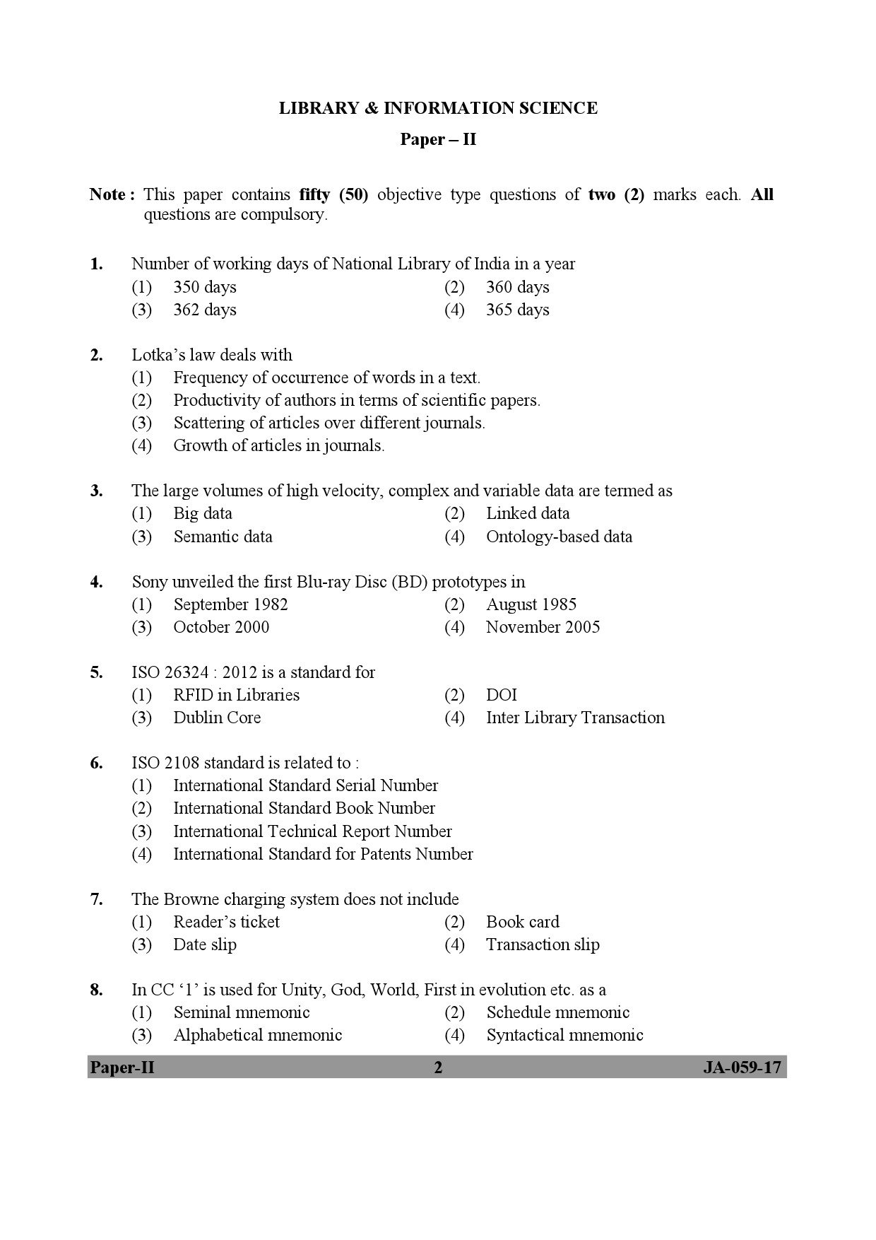 Library and Information Science Paper II January 2017 in English 2