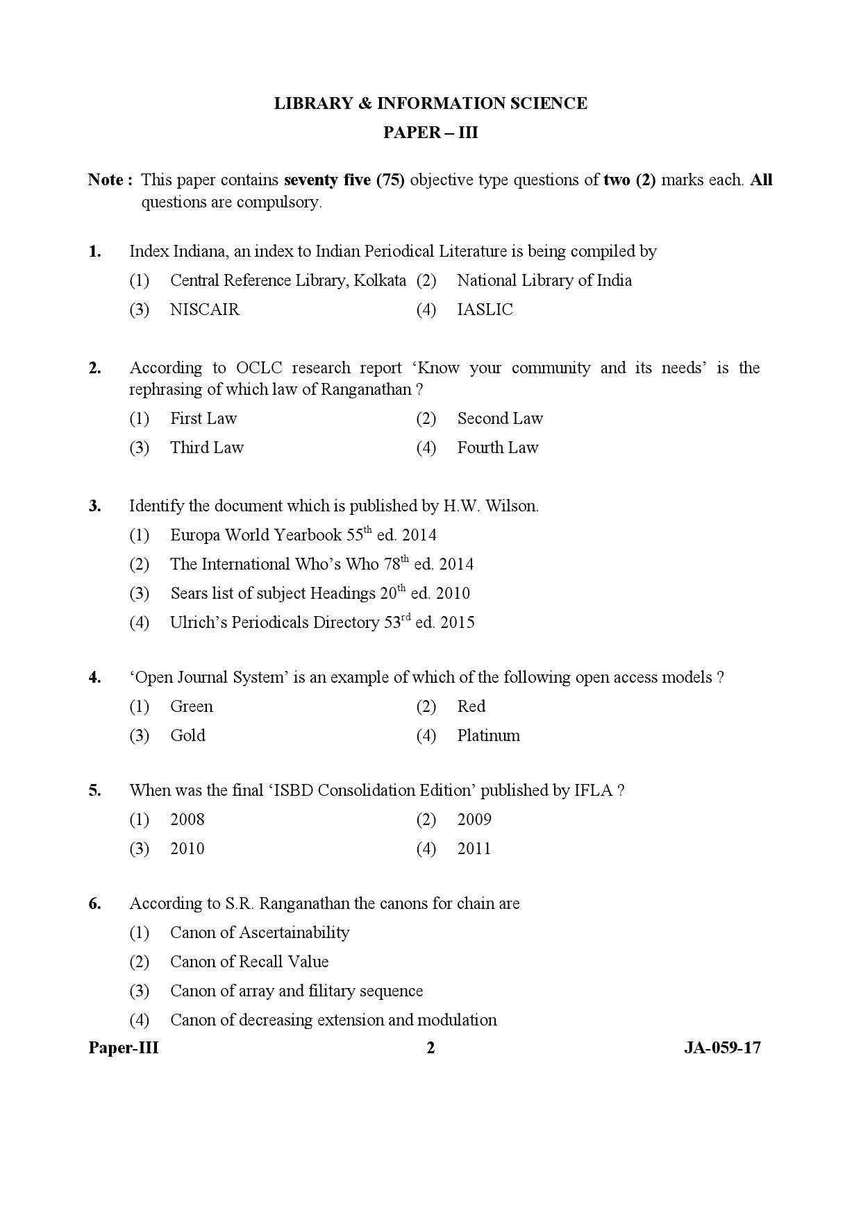 Library and Information Science Paper III January 2017 in English 2