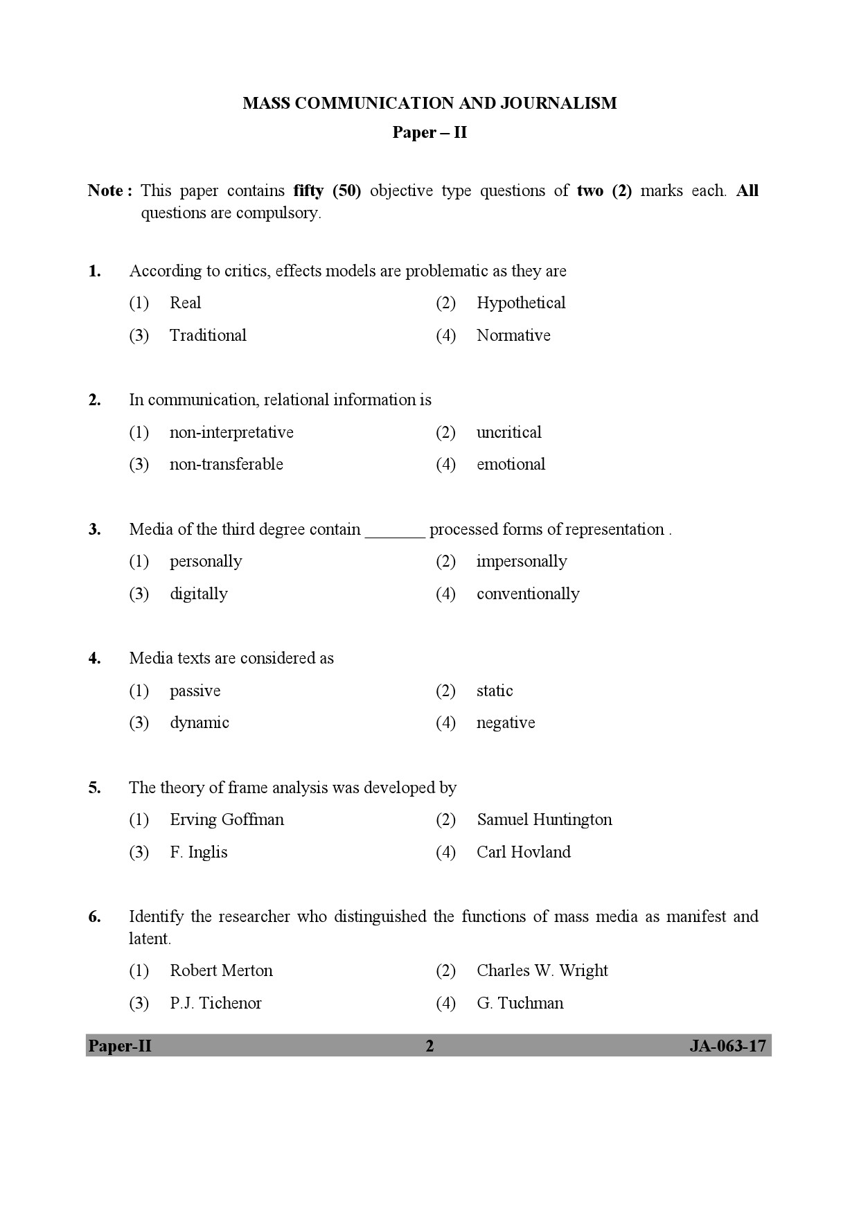 Mass Communication And Journalism Paper II January 2017 in English 2