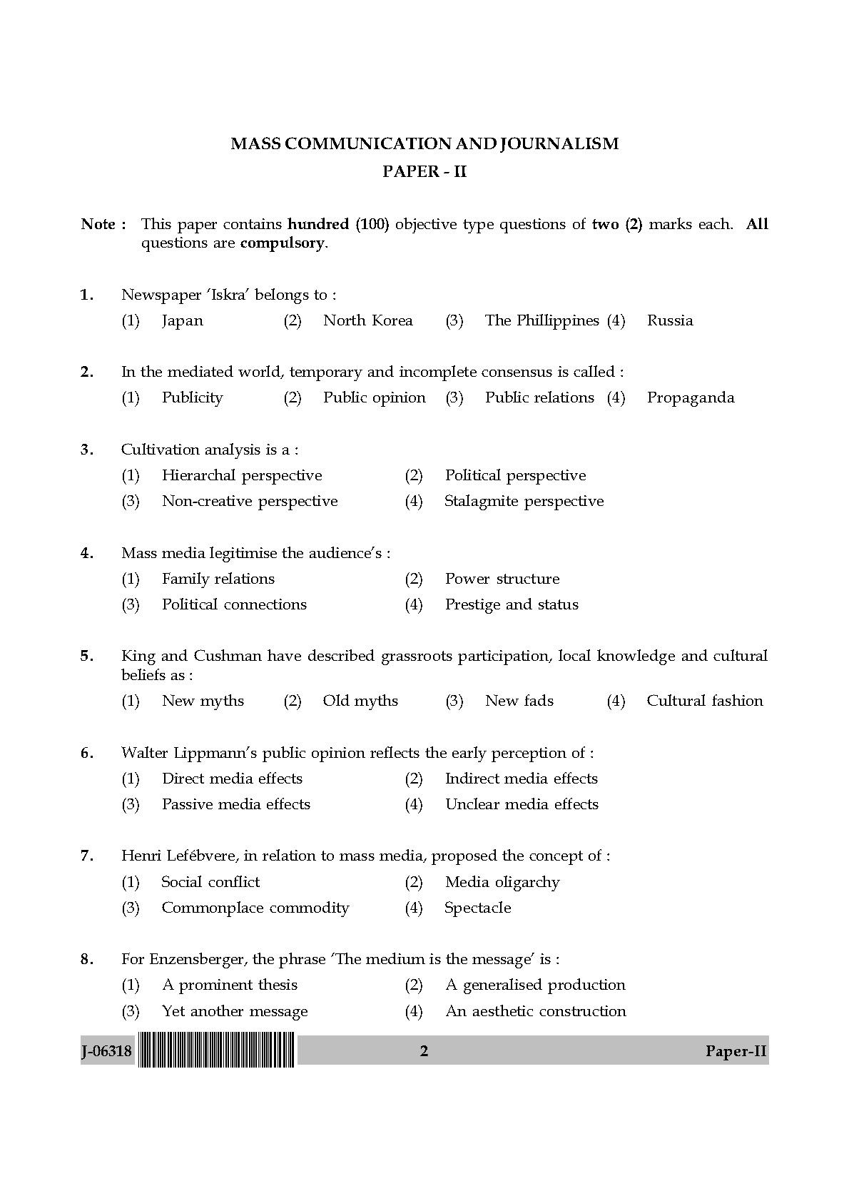 Mass Communication And Journalism Paper II July 2018 in English 2