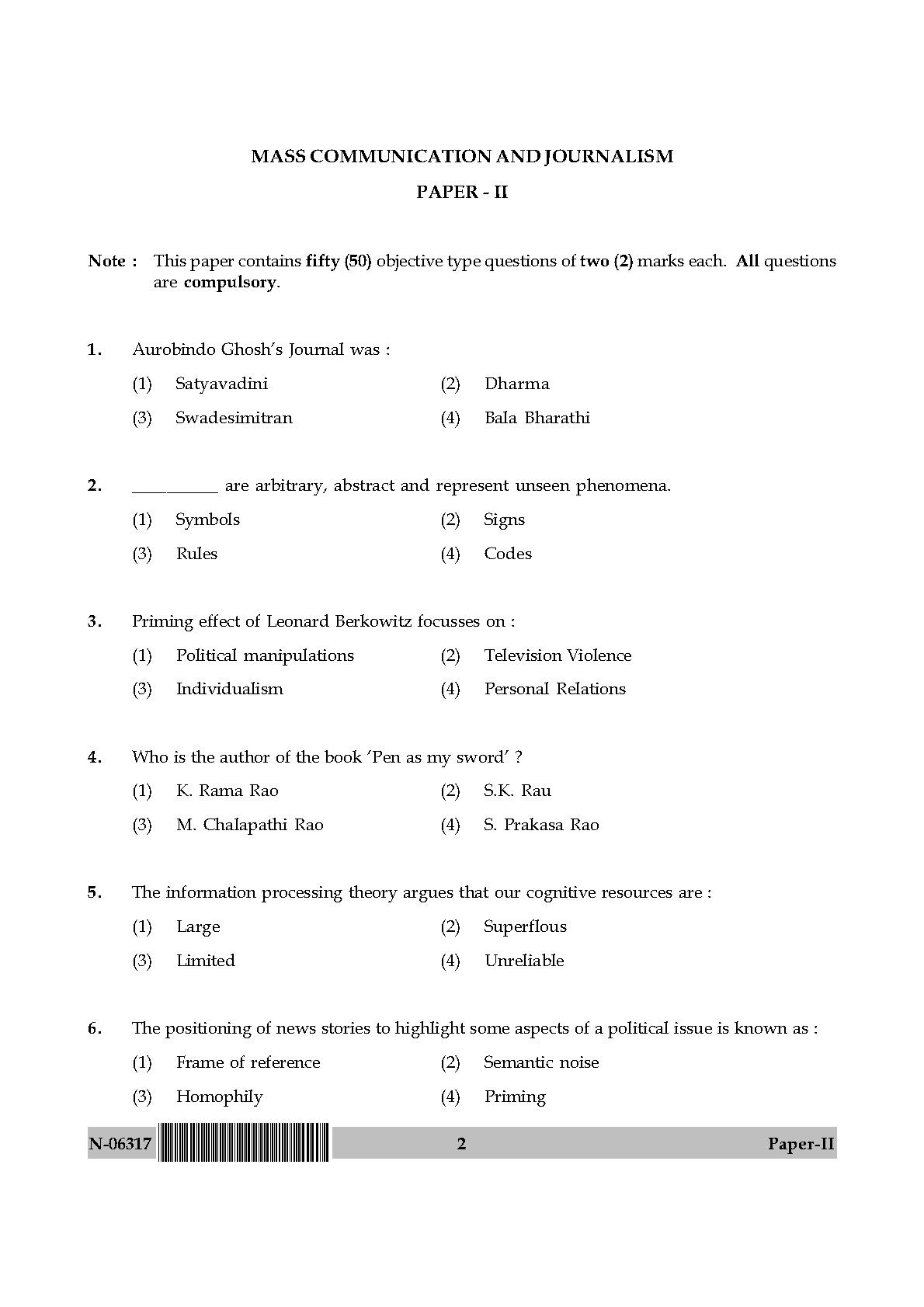 Mass Communication And Journalism Paper II November 2017 in English 2