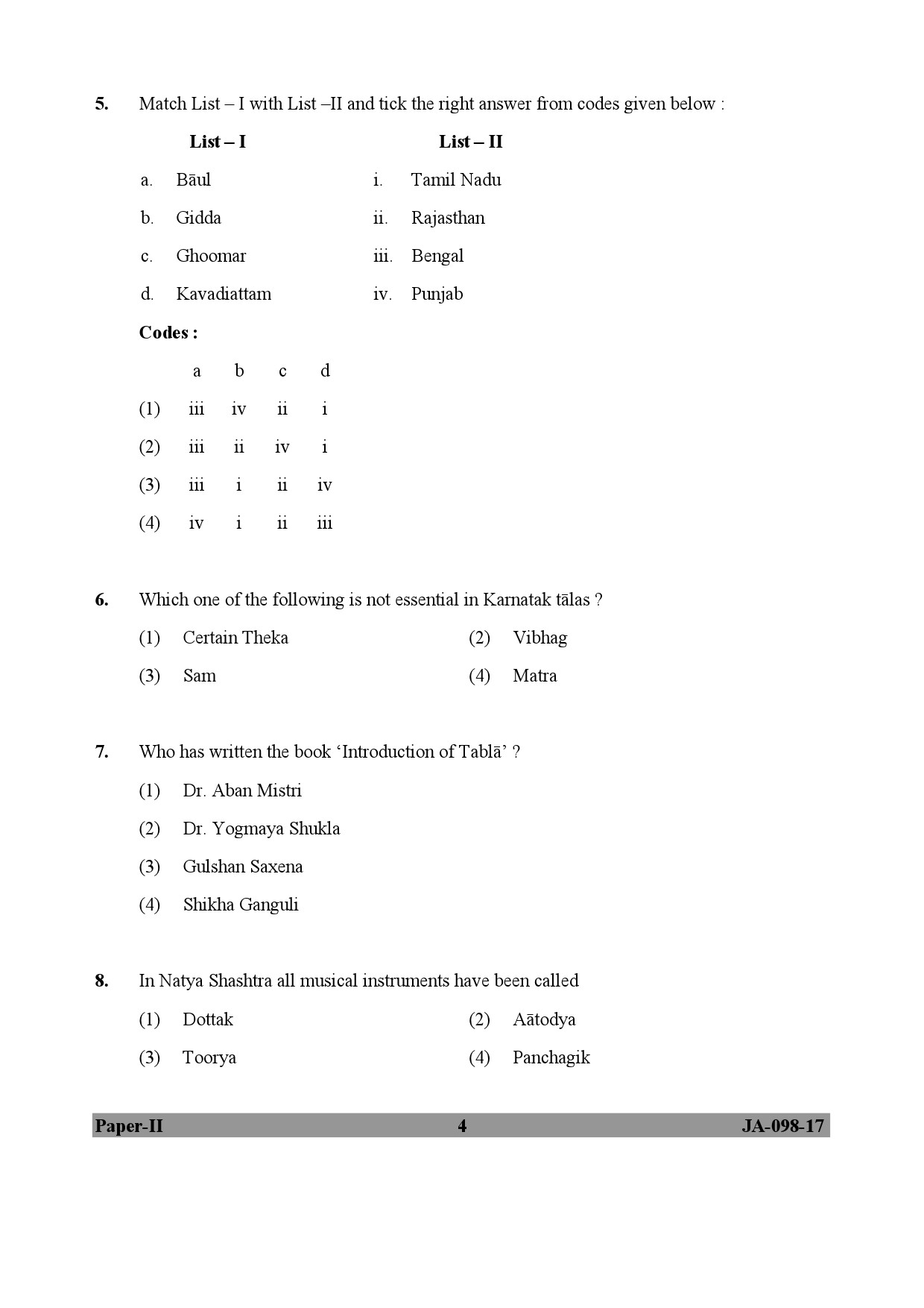 Percussion Instruments Paper II January 2017 in EnglishUGC NET