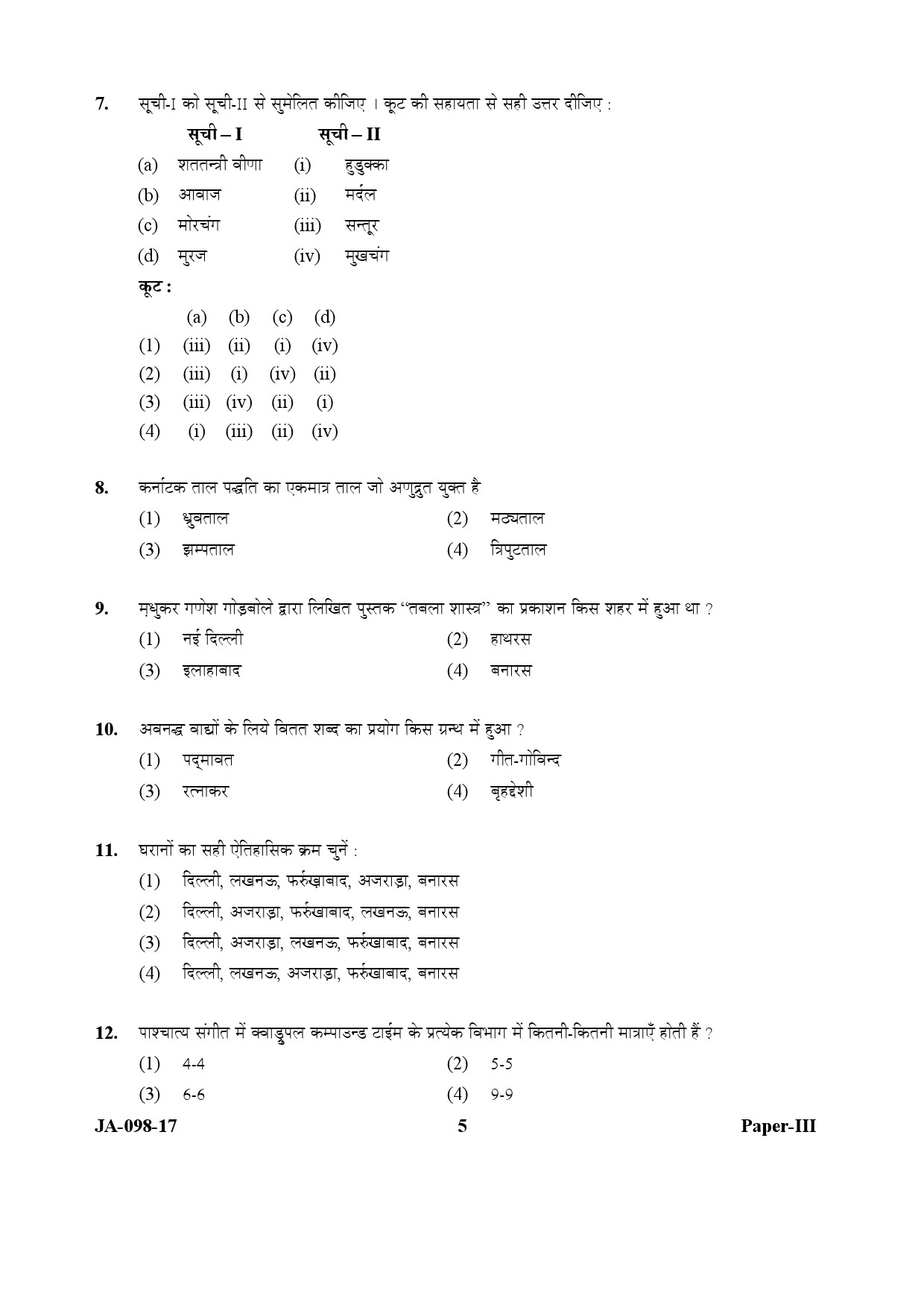 Percussion Instruments Paper III January 2017 in Hindi 2