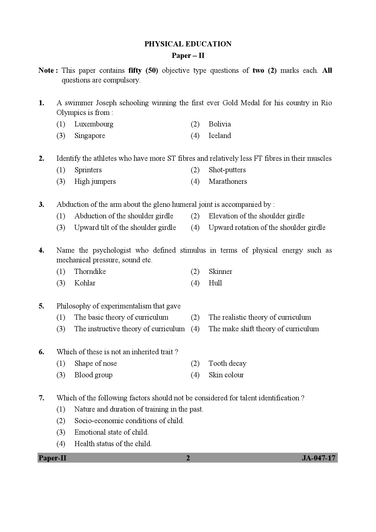 Physical Education Paper II January 2017 in English 2