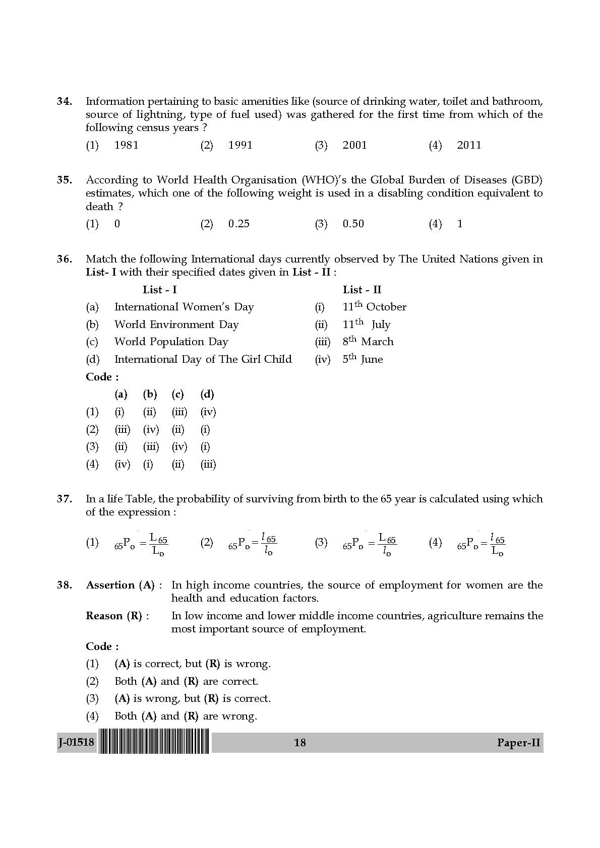 Population Studies Question Paper II July 2018 in English 10