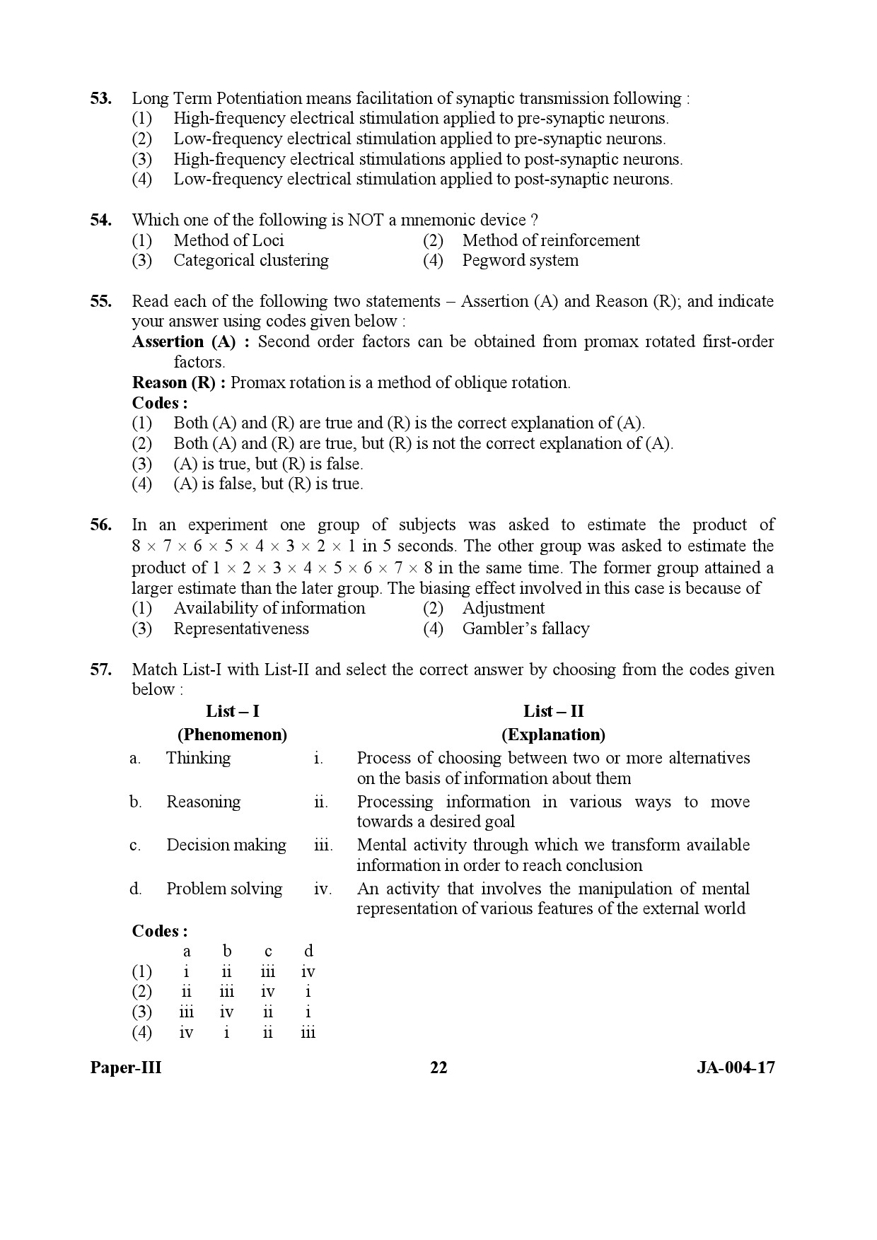 Psychology Paper III January 2017 in English 12