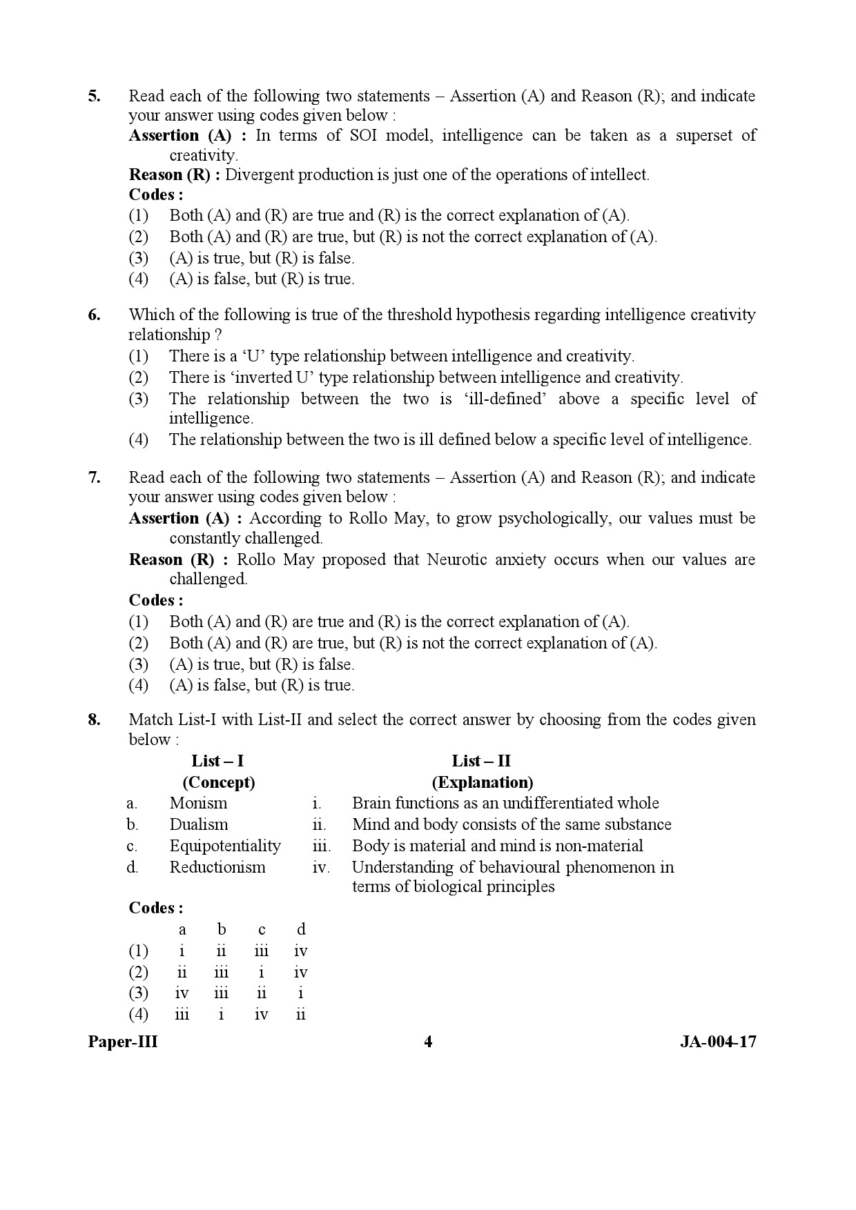 Psychology Paper III January 2017 in English-UGC NET Previous Question ...