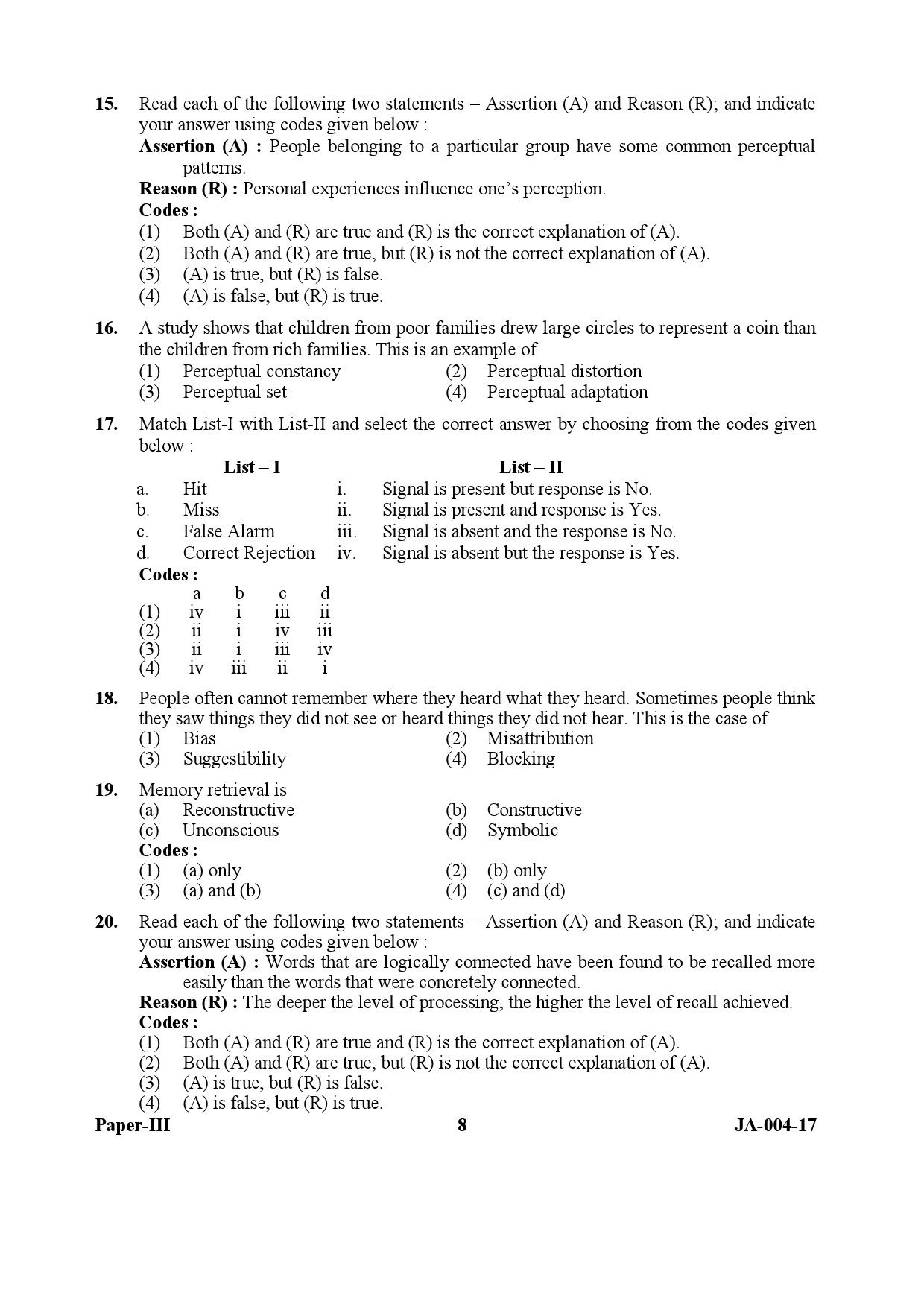 Psychology Paper III January 2017 in English-UGC NET Previous Question ...