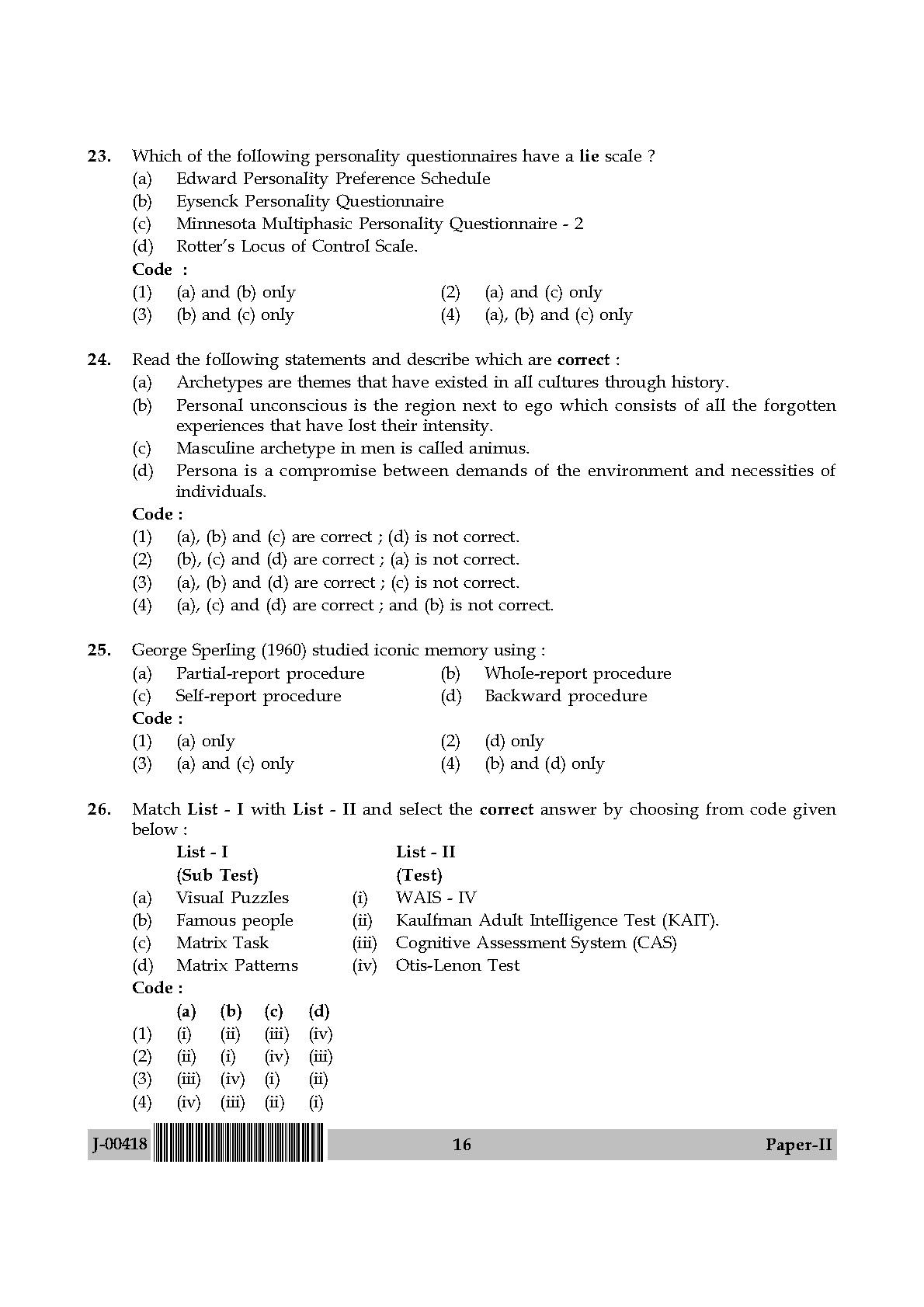 Psychology Question Paper II July 2018 in English 9