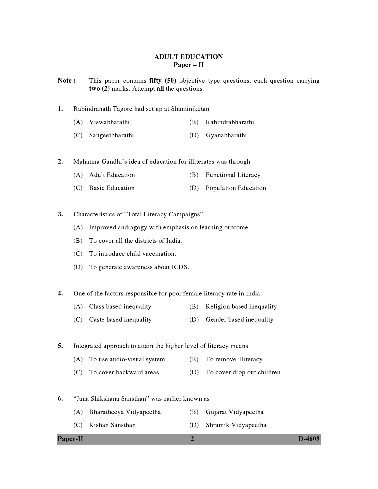 UGC NET Adult Education Question Paper II 2009 2