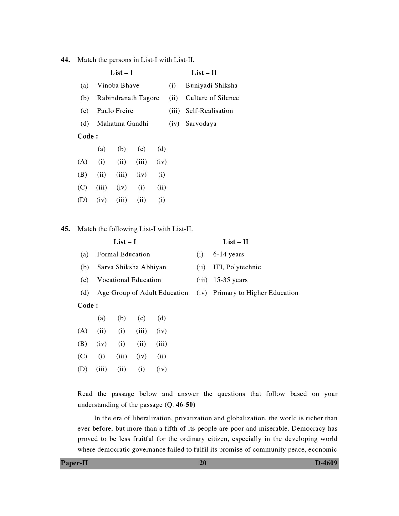 UGC NET Adult Education Question Paper II 2009 20