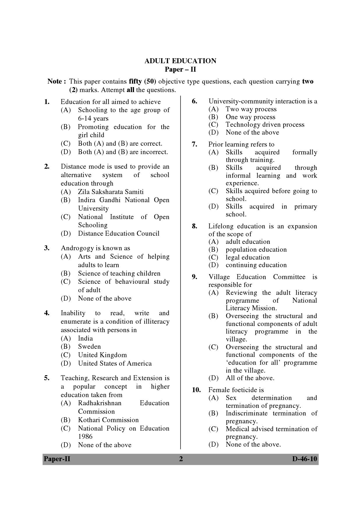 UGC NET Adult Education Question Paper II December 2010 2