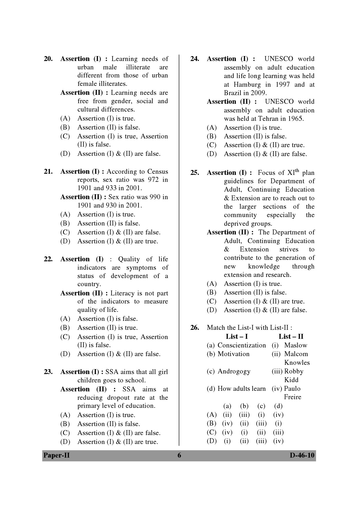 UGC NET Adult Education Question Paper II December 2010 6