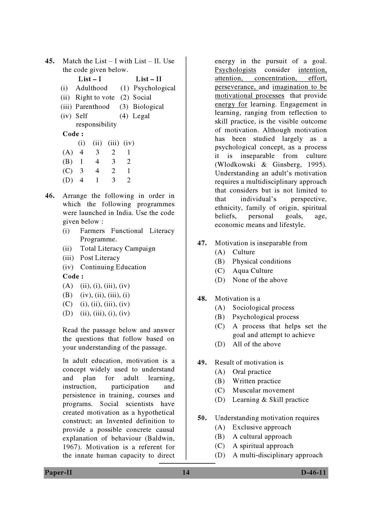 UGC NET Adult Education Question Paper II December 2011 14